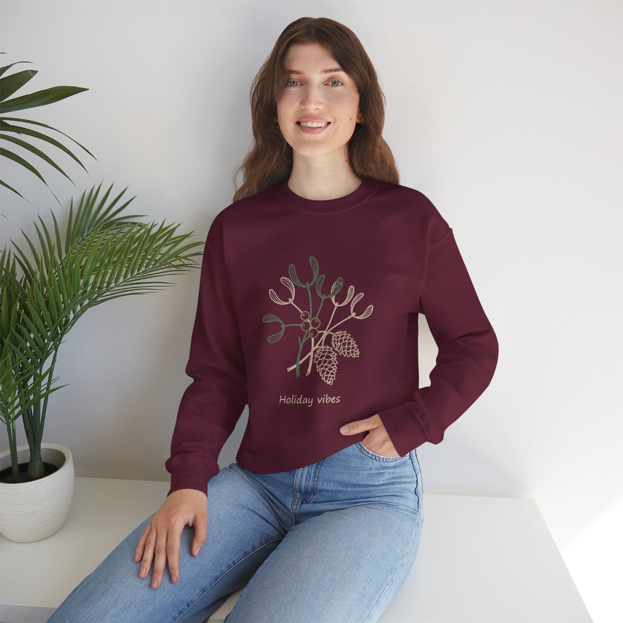 Holiday Vibes Crewneck Sweatshirt with Mistletoe and Pine Cones Design