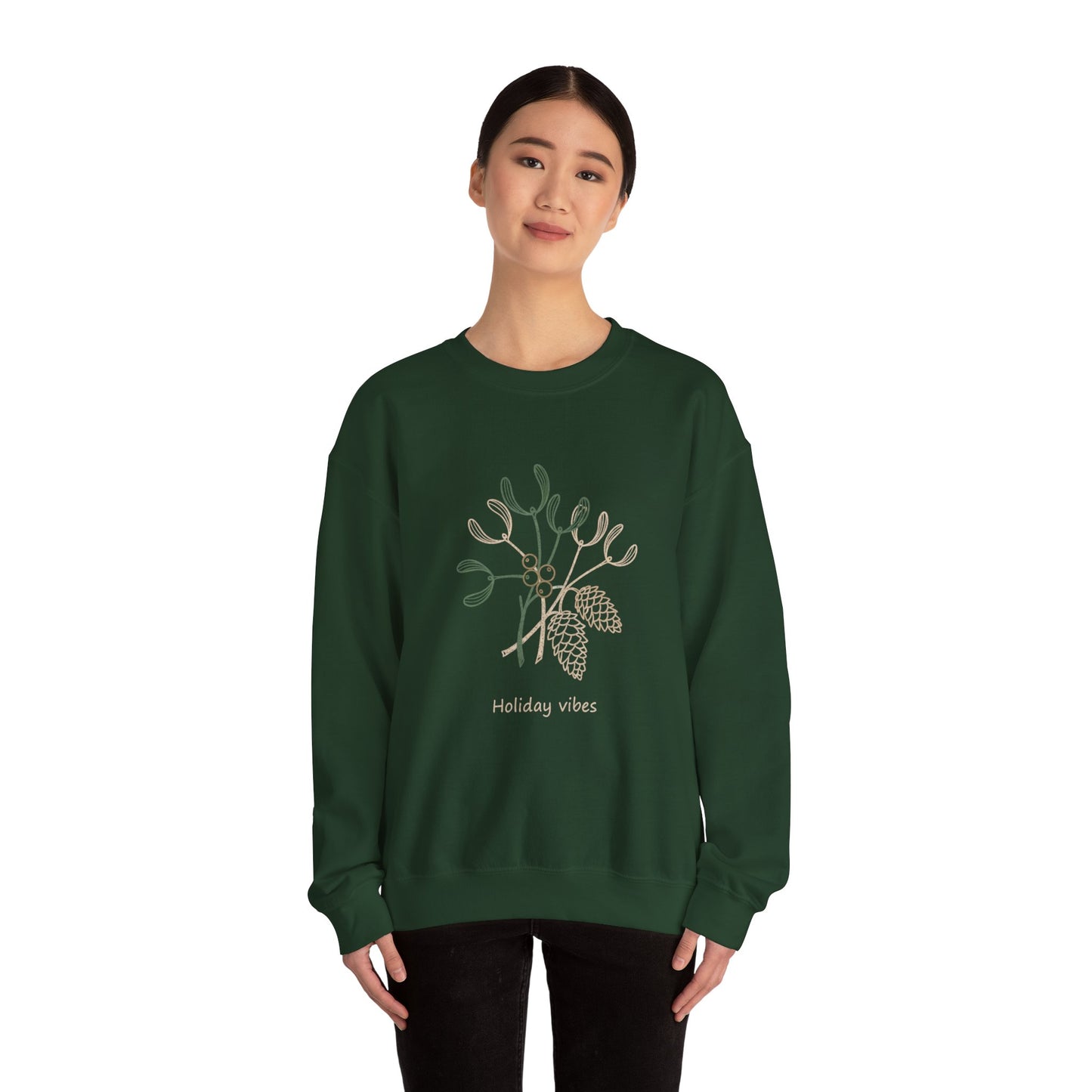 Holiday Vibes Crewneck Sweatshirt with Mistletoe and Pine Cones Design