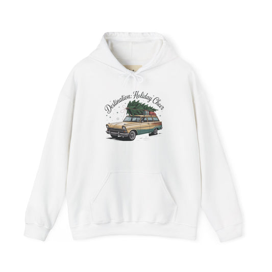 Hooded Sweatshirt Vintage Car Christmas Tree Destination Holiday Cheer