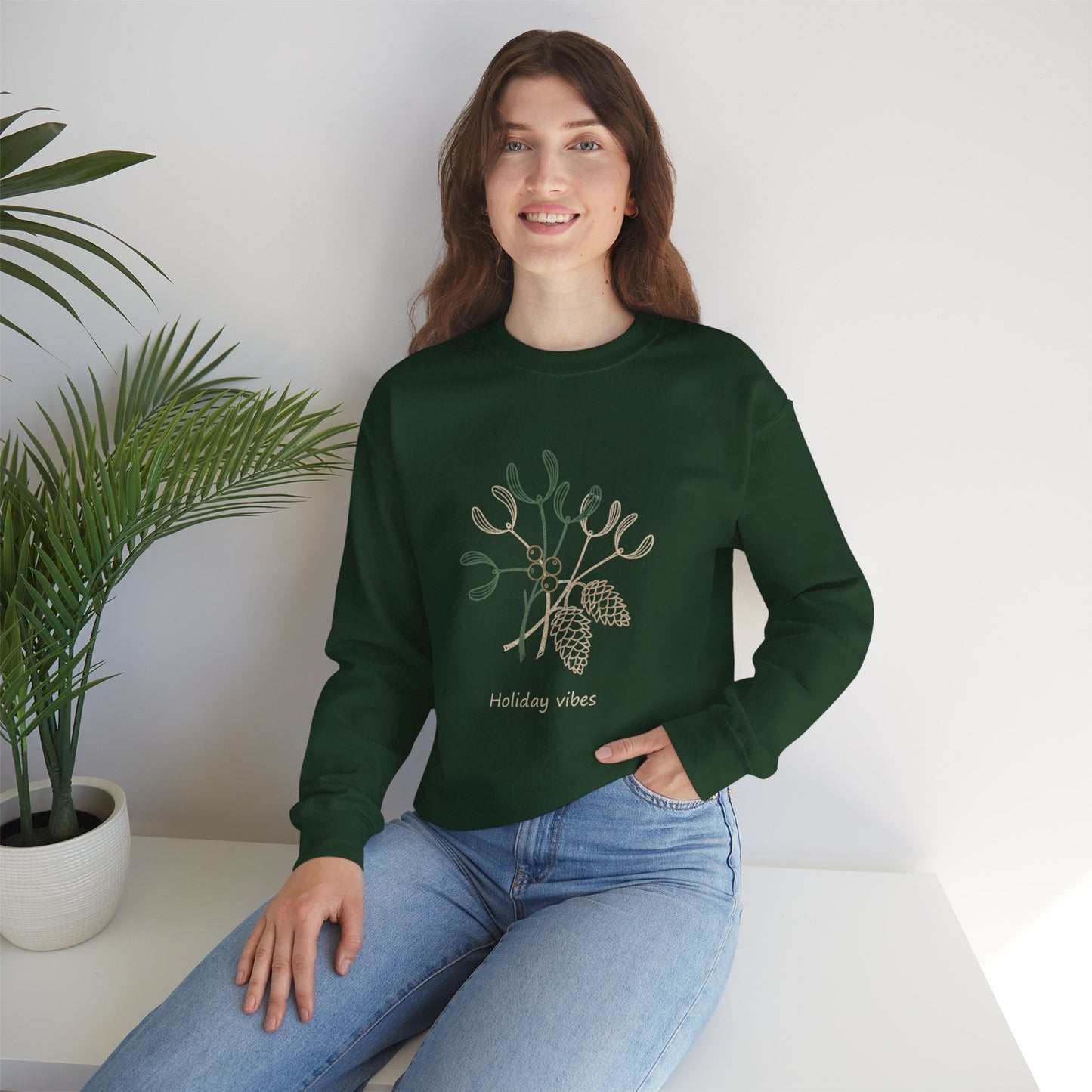 Holiday Vibes Crewneck Sweatshirt with Mistletoe and Pine Cones Design