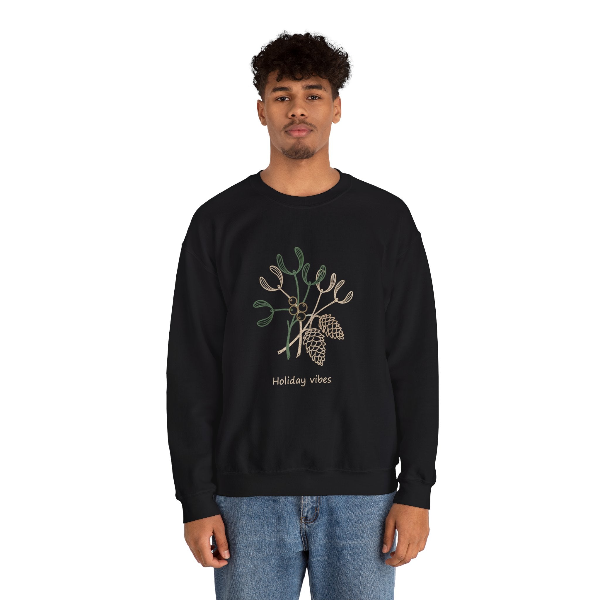 Holiday Vibes Crewneck Sweatshirt with Mistletoe and Pine Cones Design