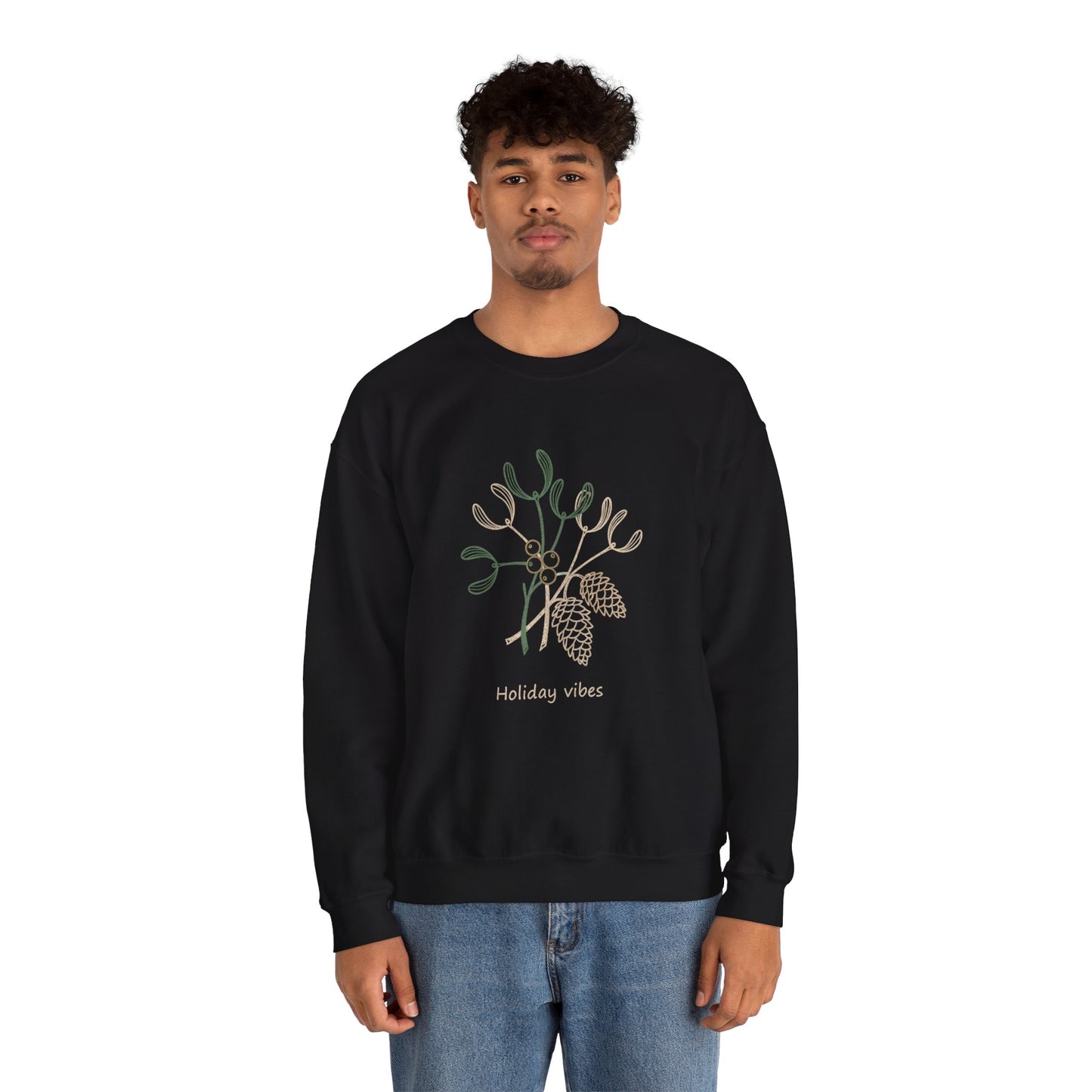 Holiday Vibes Crewneck Sweatshirt with Mistletoe and Pine Cones Design