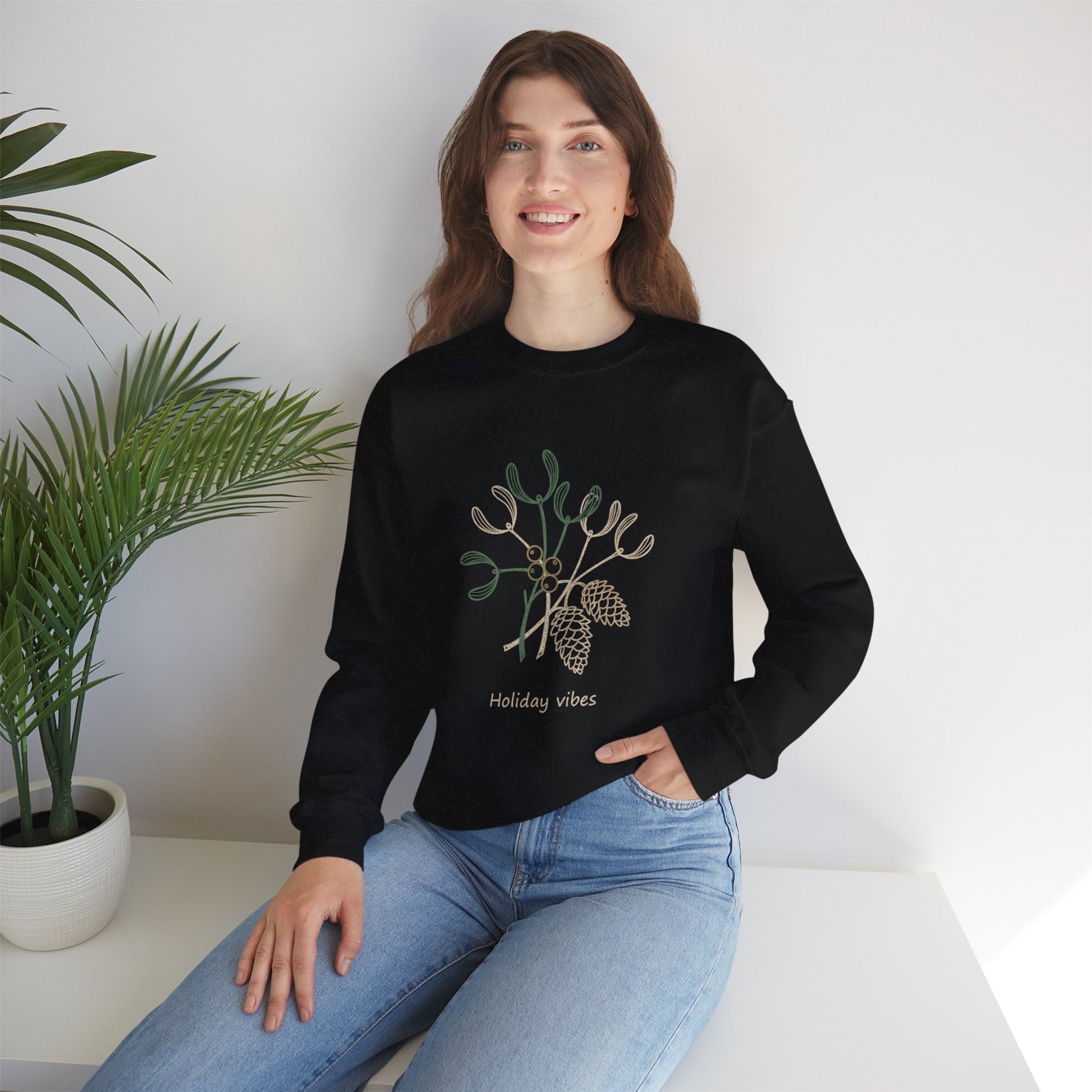 Holiday Vibes Crewneck Sweatshirt with Mistletoe and Pine Cones Design