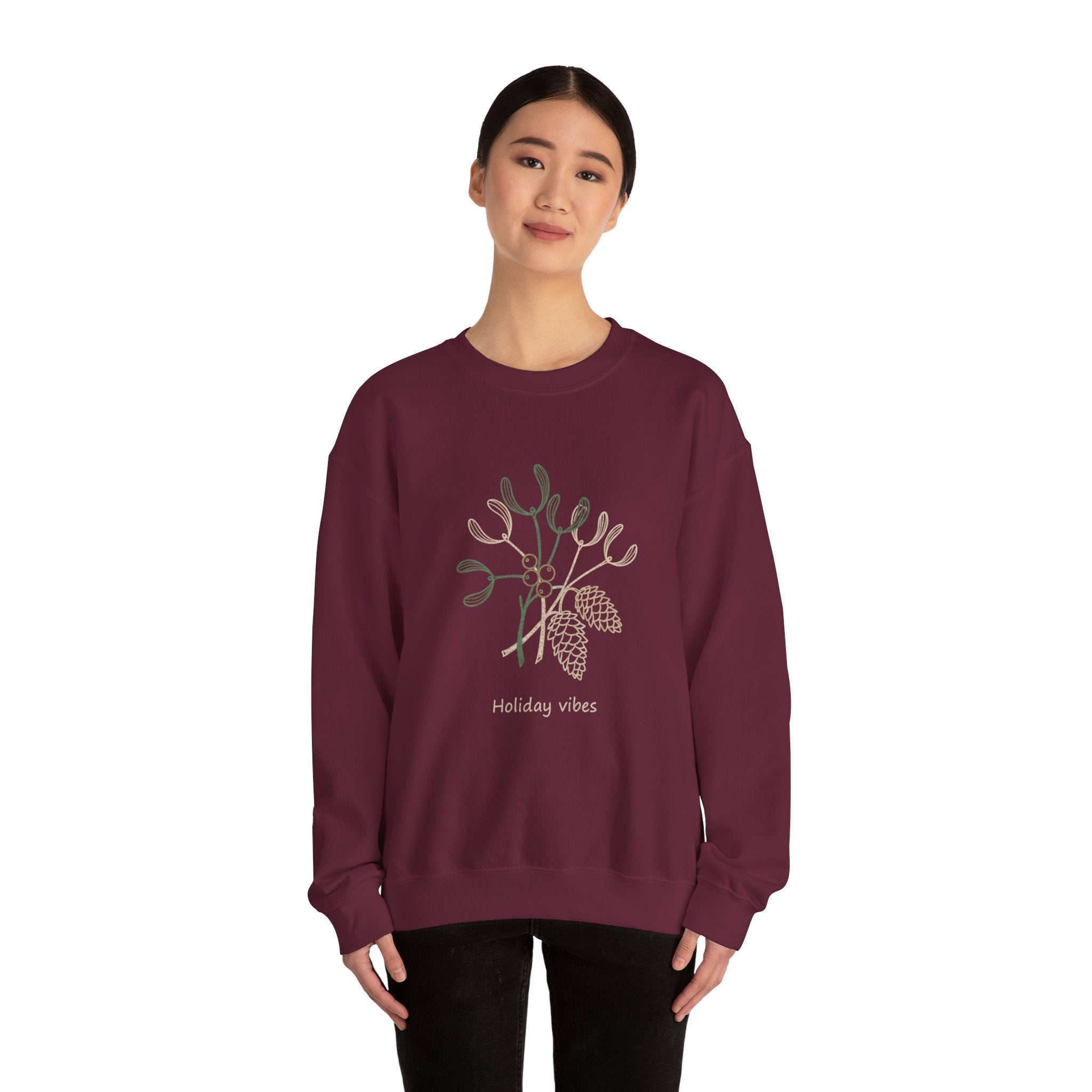 Holiday Vibes Crewneck Sweatshirt with Mistletoe and Pine Cones Design