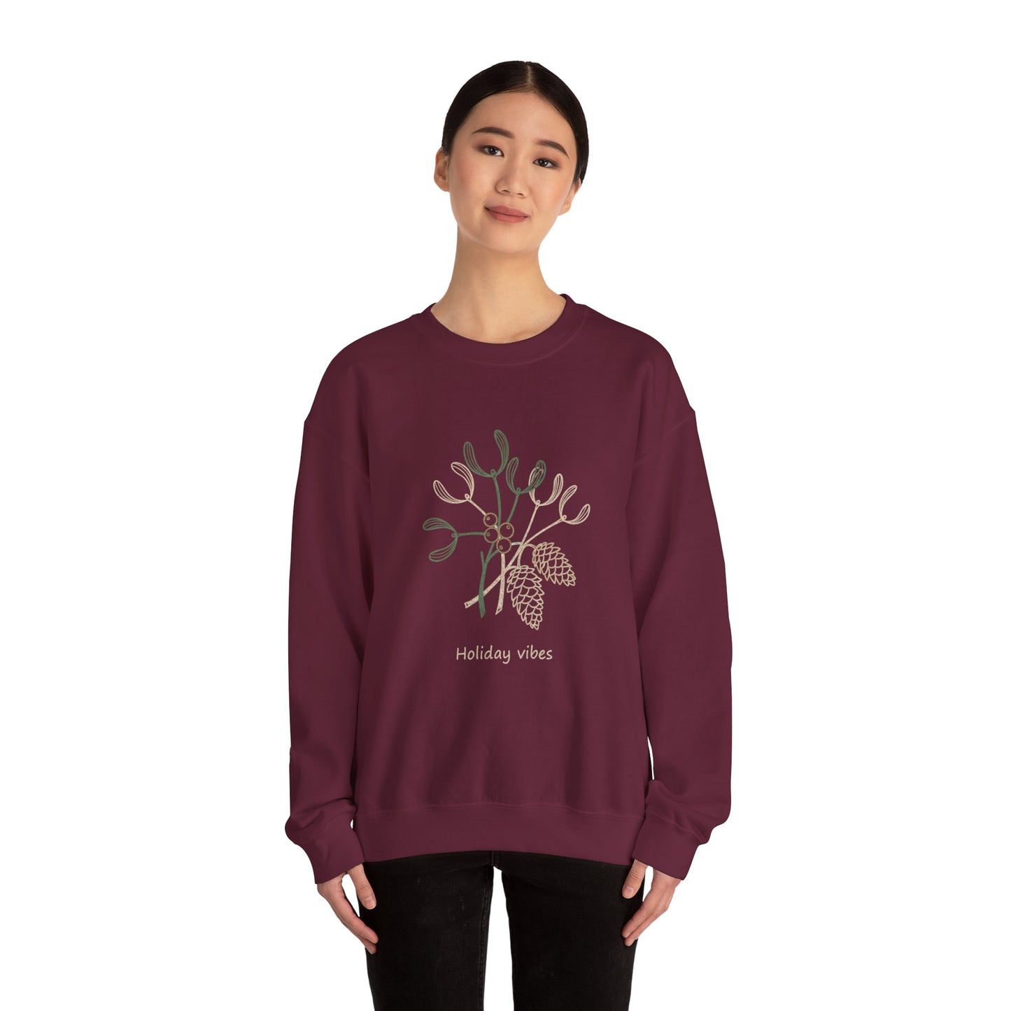 Holiday Vibes Crewneck Sweatshirt with Mistletoe and Pine Cones Design