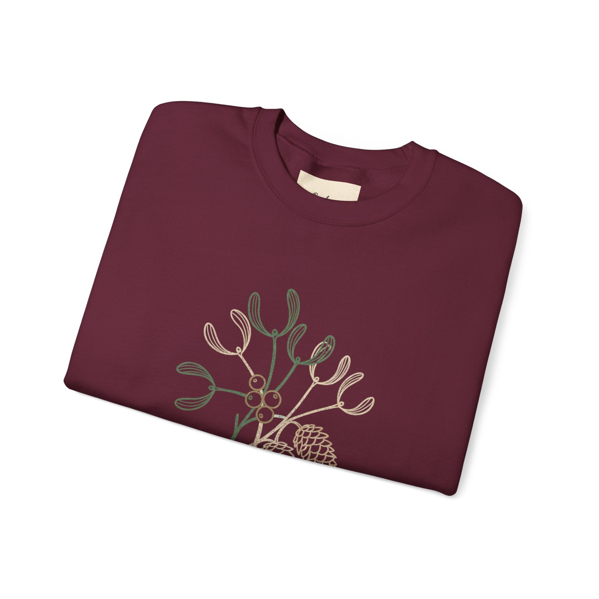 Holiday Vibes Crewneck Sweatshirt with Mistletoe and Pine Cones Design