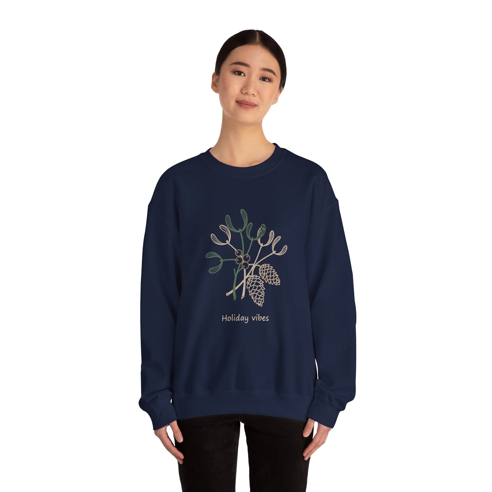 Holiday Vibes Crewneck Sweatshirt with Mistletoe and Pine Cones Design