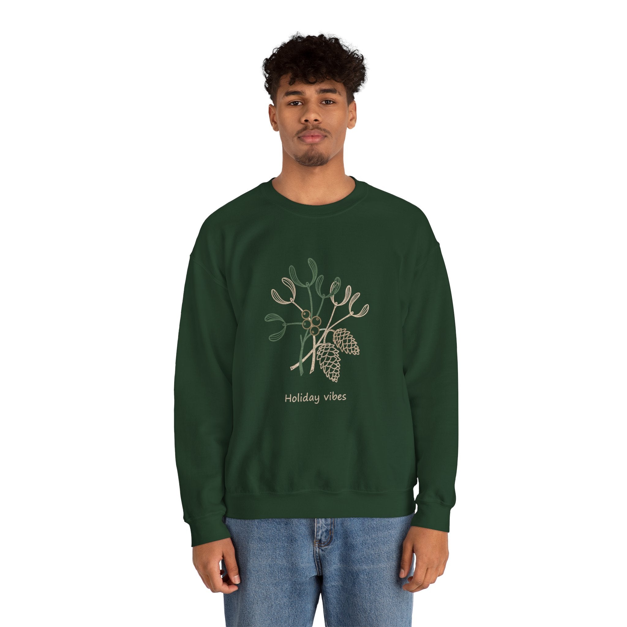 Holiday Vibes Crewneck Sweatshirt with Mistletoe and Pine Cones Design
