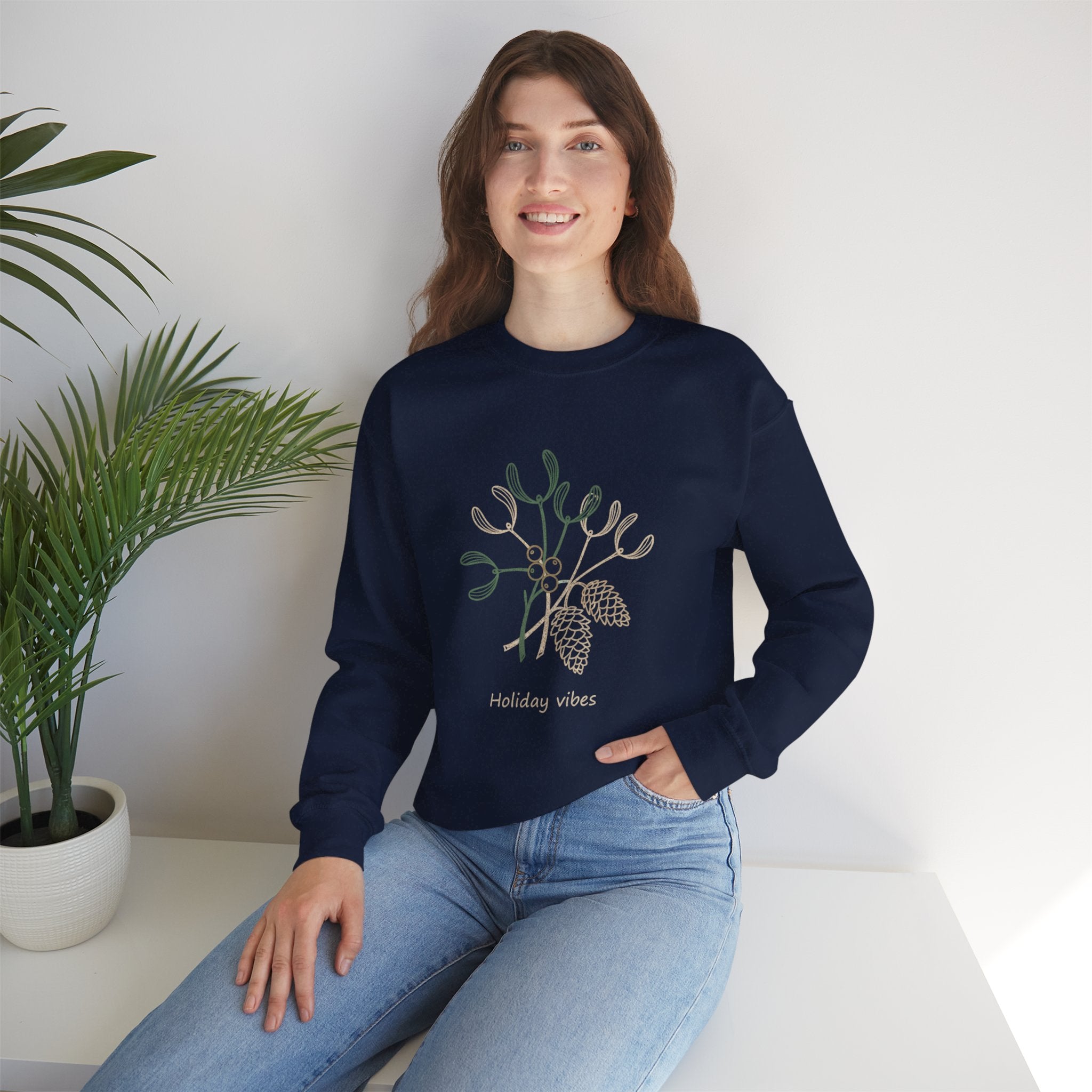 Holiday Vibes Crewneck Sweatshirt with Mistletoe and Pine Cones Design
