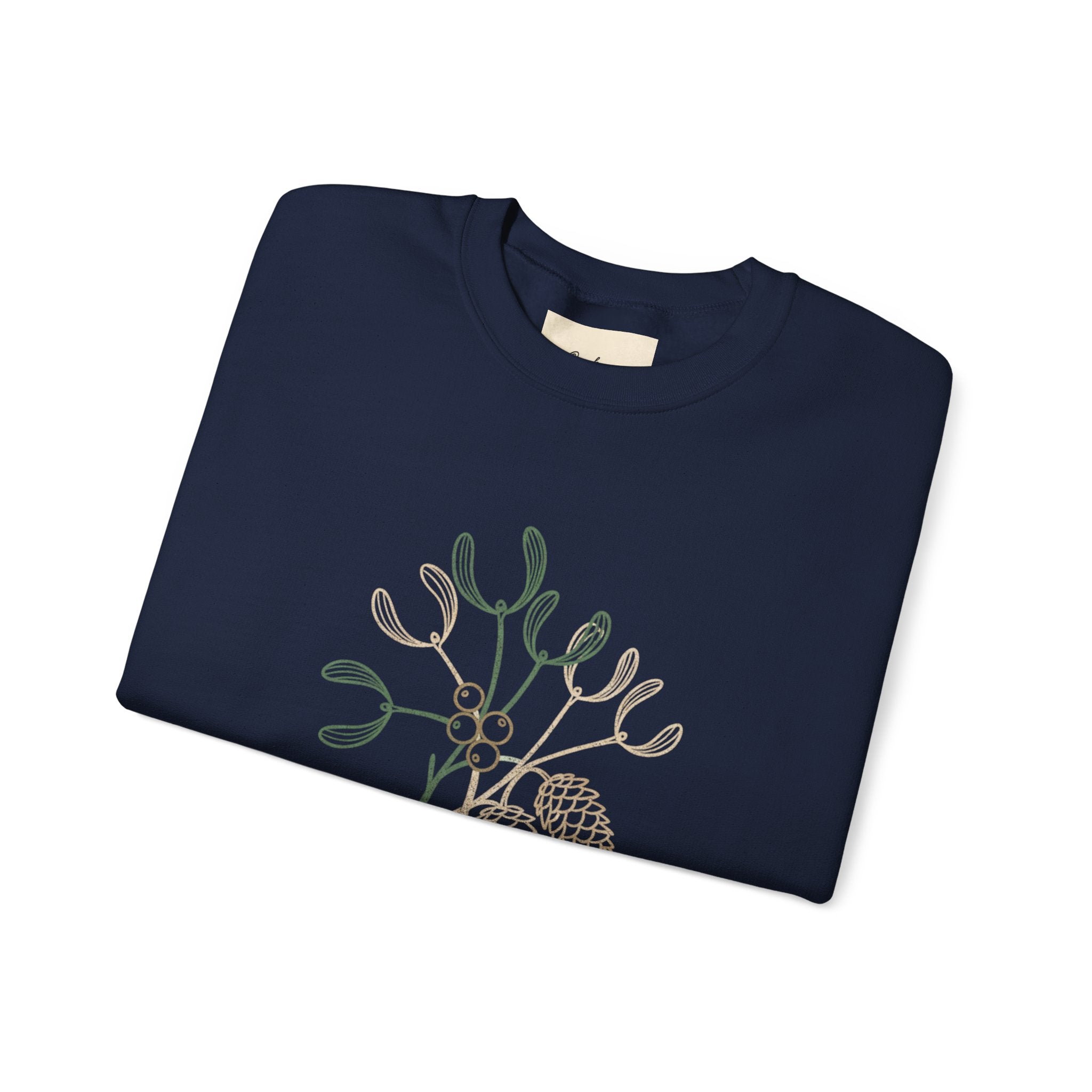 Holiday Vibes Crewneck Sweatshirt with Mistletoe and Pine Cones Design