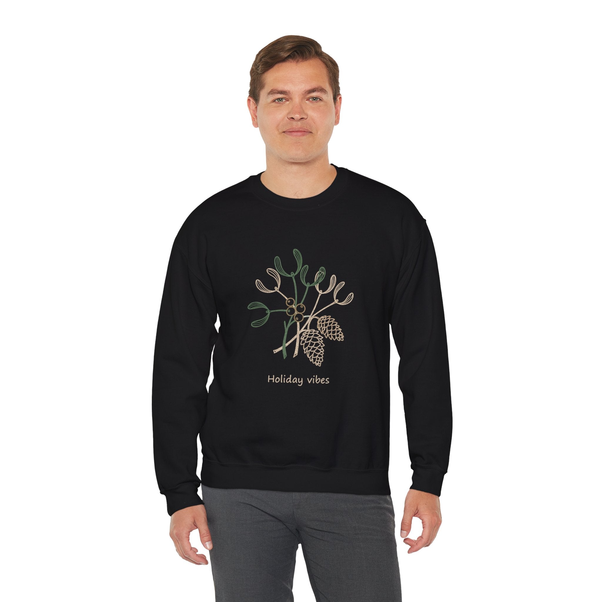 Holiday Vibes Crewneck Sweatshirt with Mistletoe and Pine Cones Design