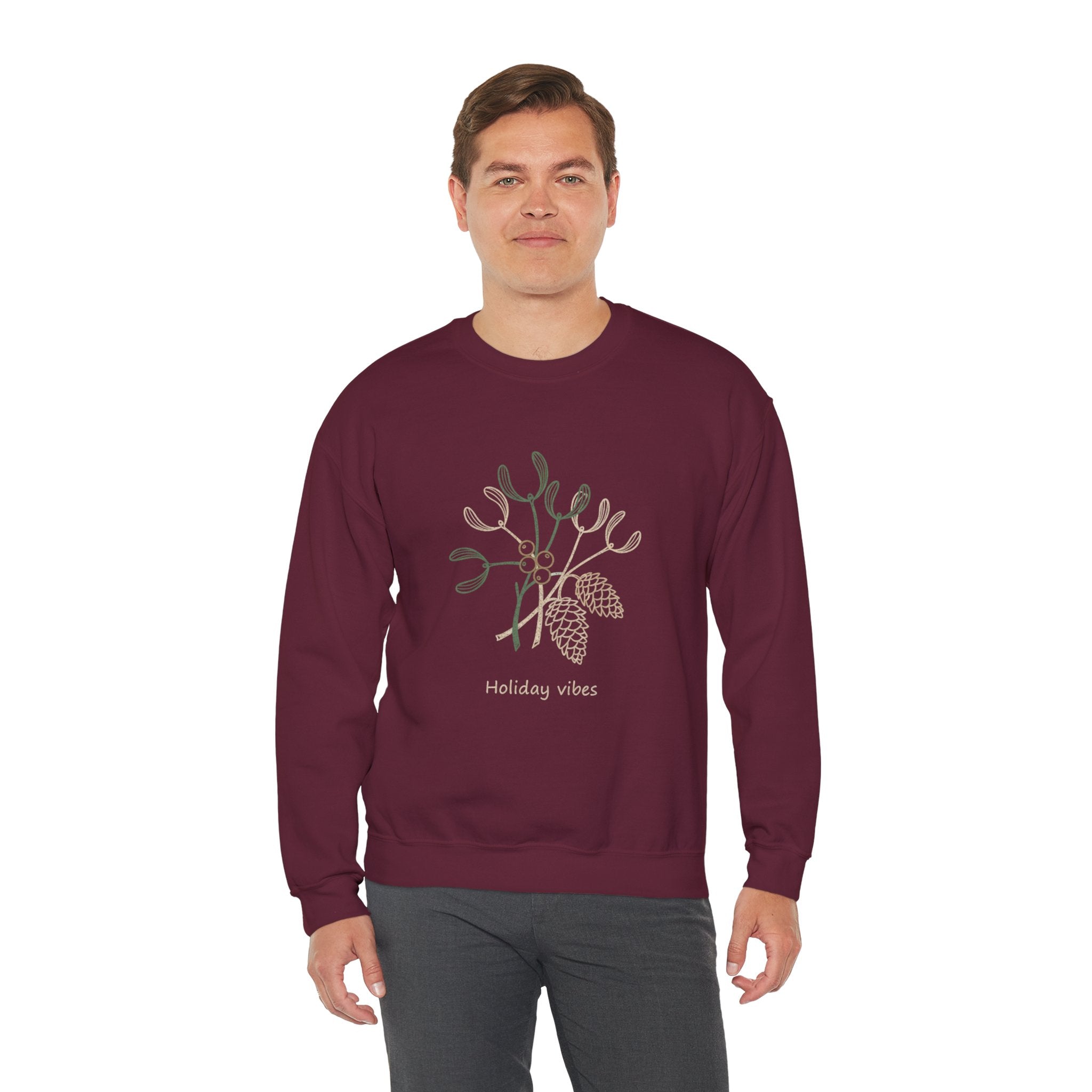 Holiday Vibes Crewneck Sweatshirt with Mistletoe and Pine Cones Design