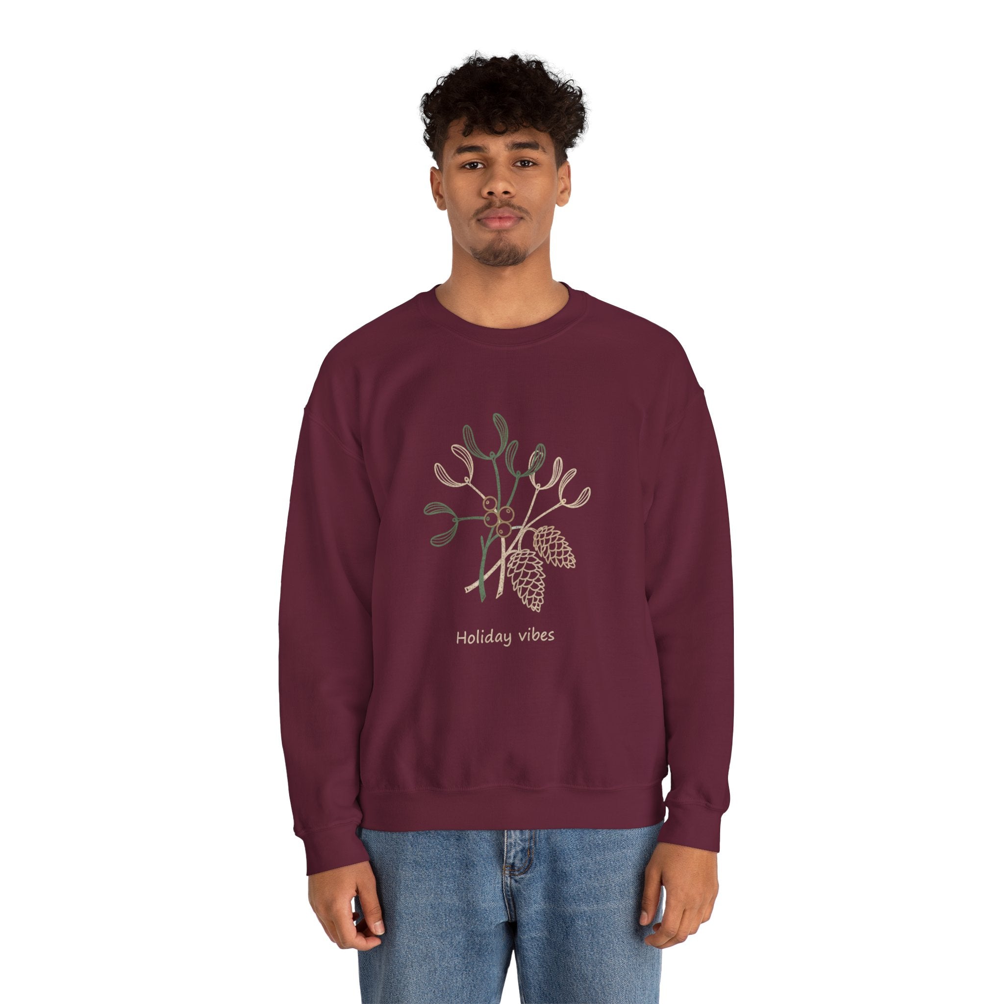 Holiday Vibes Crewneck Sweatshirt with Mistletoe and Pine Cones Design