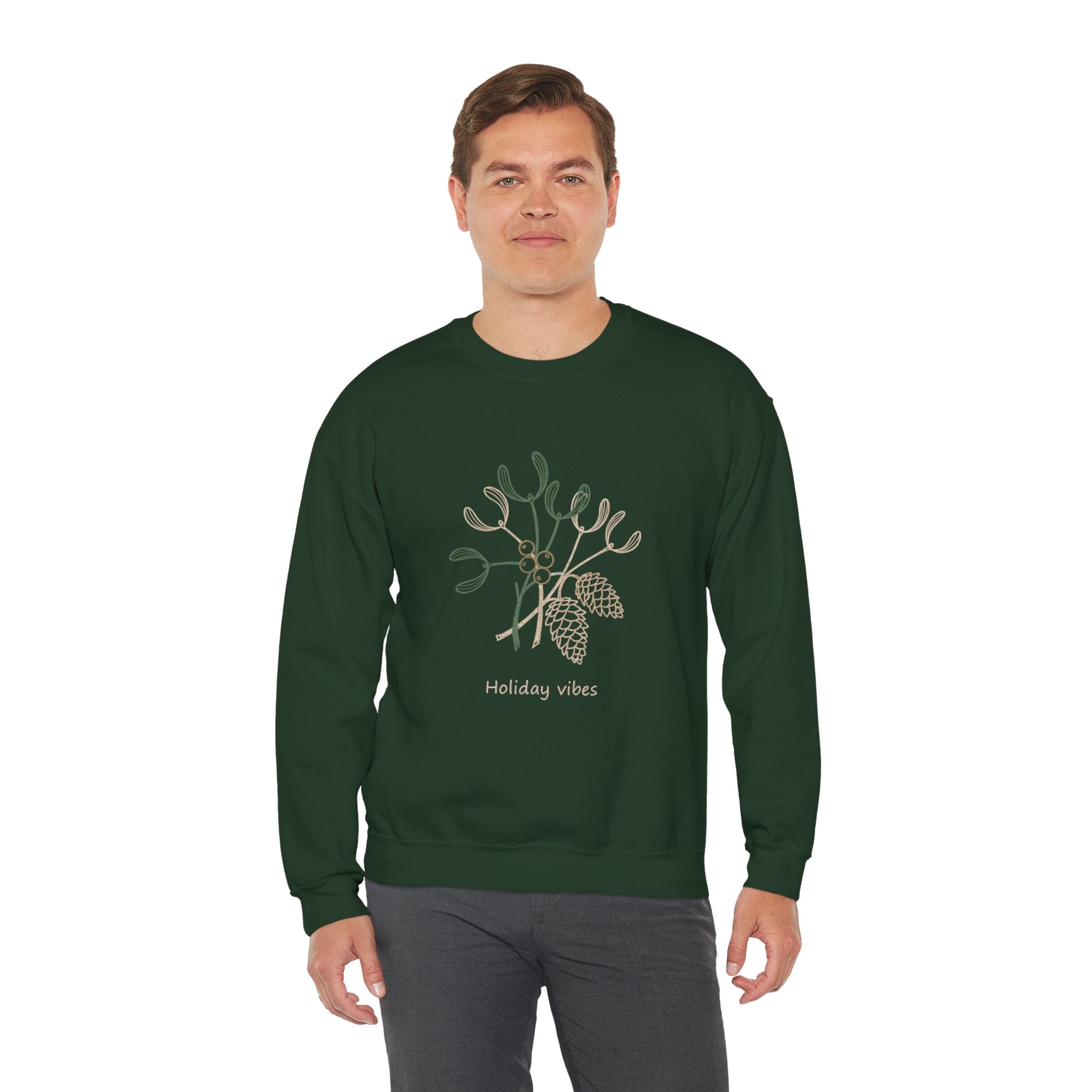 Holiday Vibes Crewneck Sweatshirt with Mistletoe and Pine Cones Design