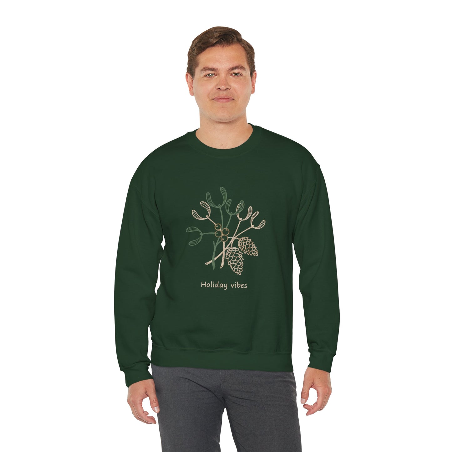 Holiday Vibes Crewneck Sweatshirt with Mistletoe and Pine Cones Design