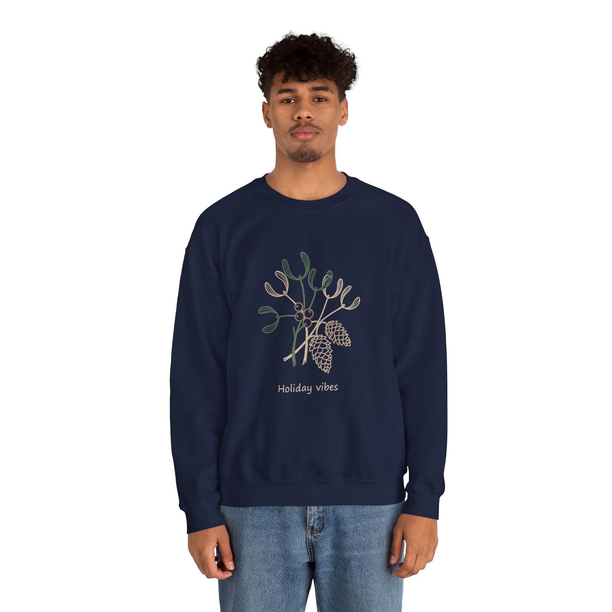 Holiday Vibes Crewneck Sweatshirt with Mistletoe and Pine Cones Design