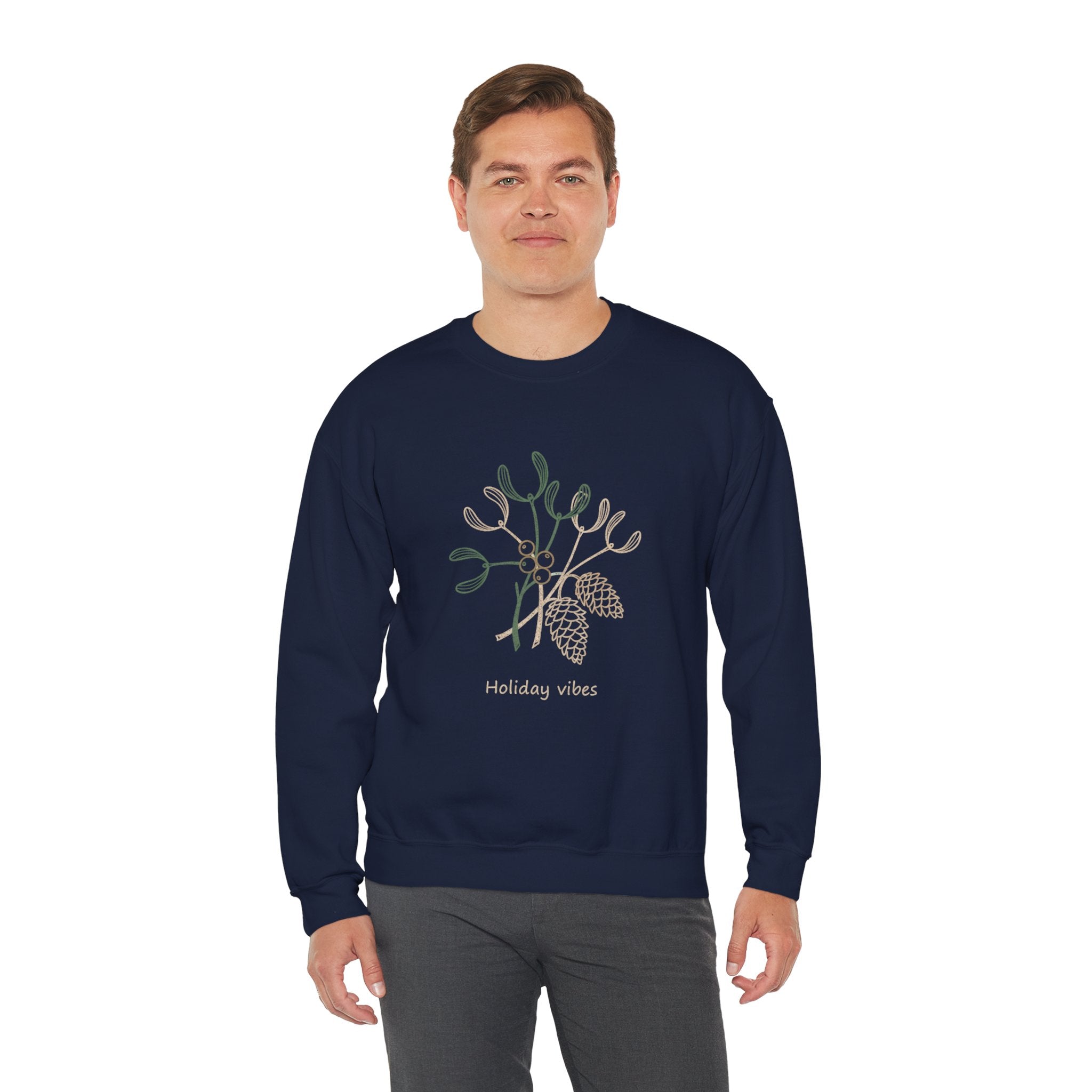 Holiday Vibes Crewneck Sweatshirt with Mistletoe and Pine Cones Design