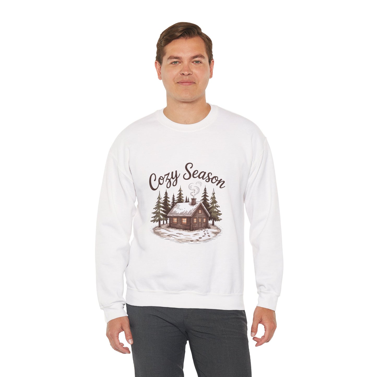 Crewneck Sweatshirt Cozy Season Cabin Snow Hand-Drawn Mocha Tones