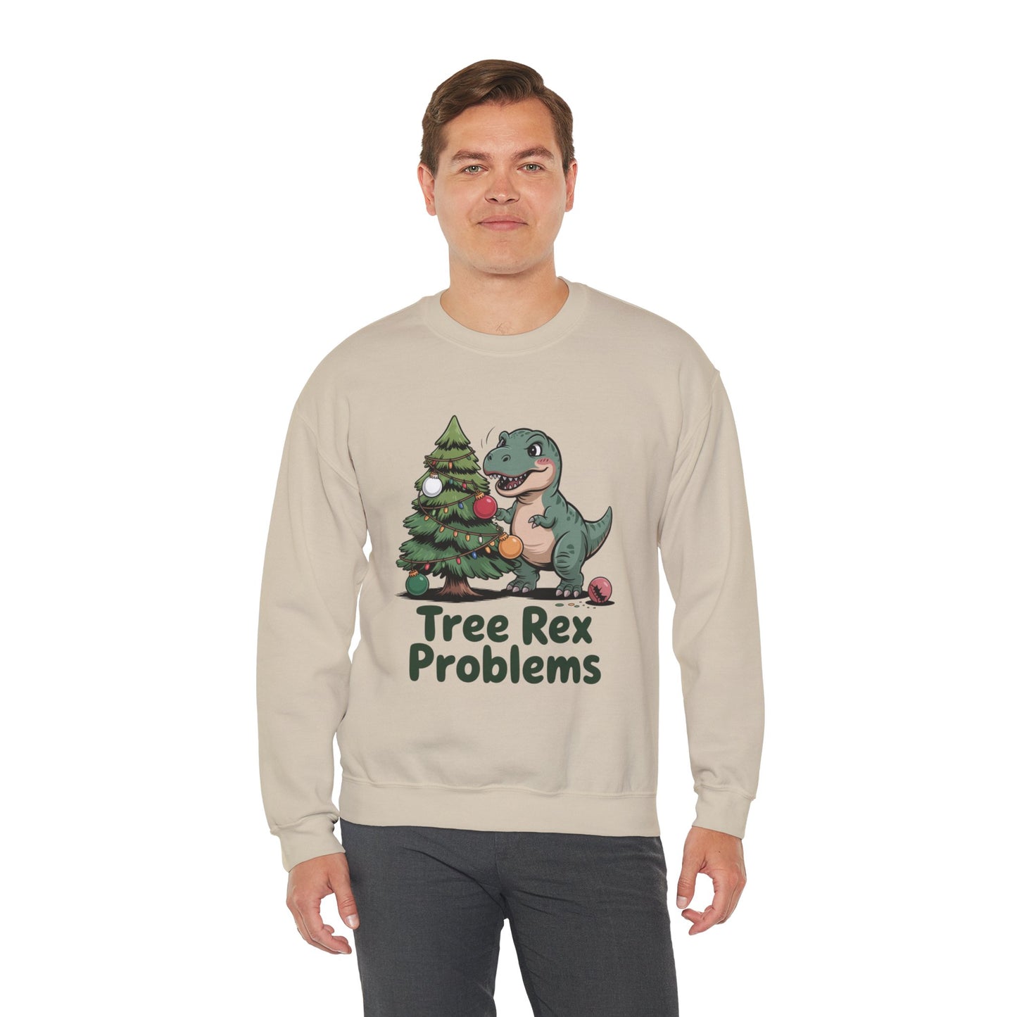 Get festive with the Christmas Crewneck Sweatshirt – Tree Rex Problems. Cozy, fun, and ideal for holiday parties or gifting this season.