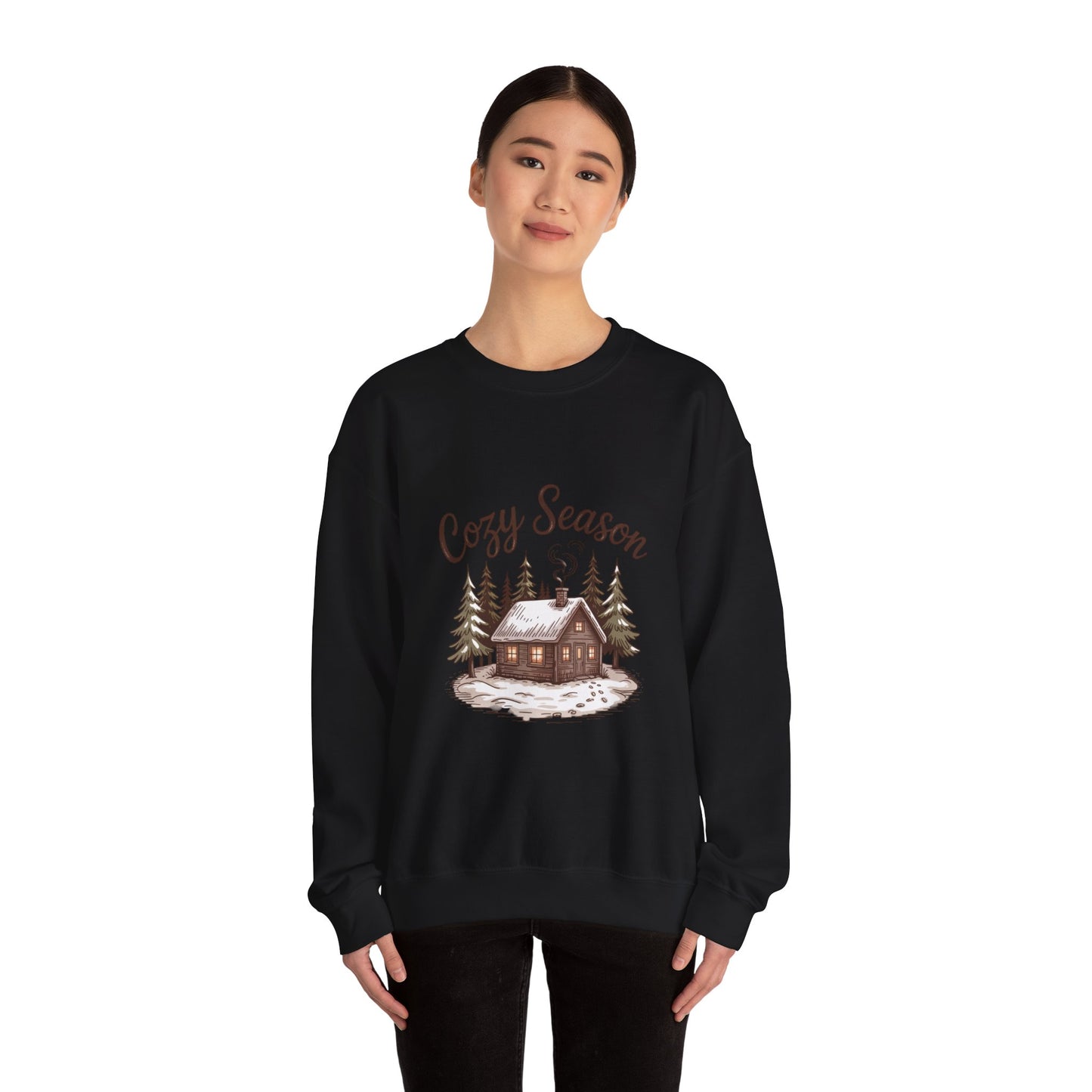 Crewneck Sweatshirt Cozy Season Cabin Snow Hand-Drawn Mocha Tones