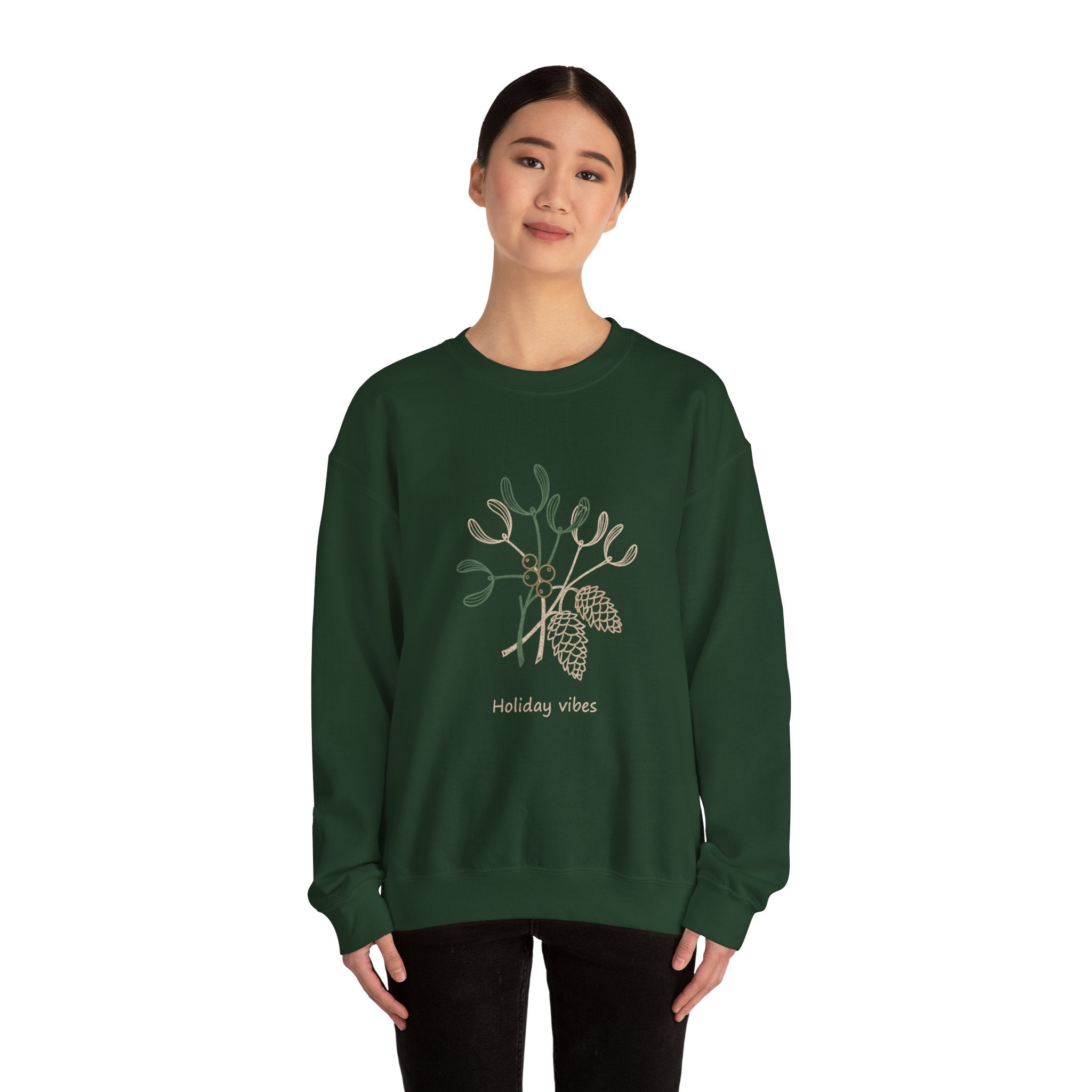 Holiday Vibes Crewneck Sweatshirt with Mistletoe and Pine Cones Design