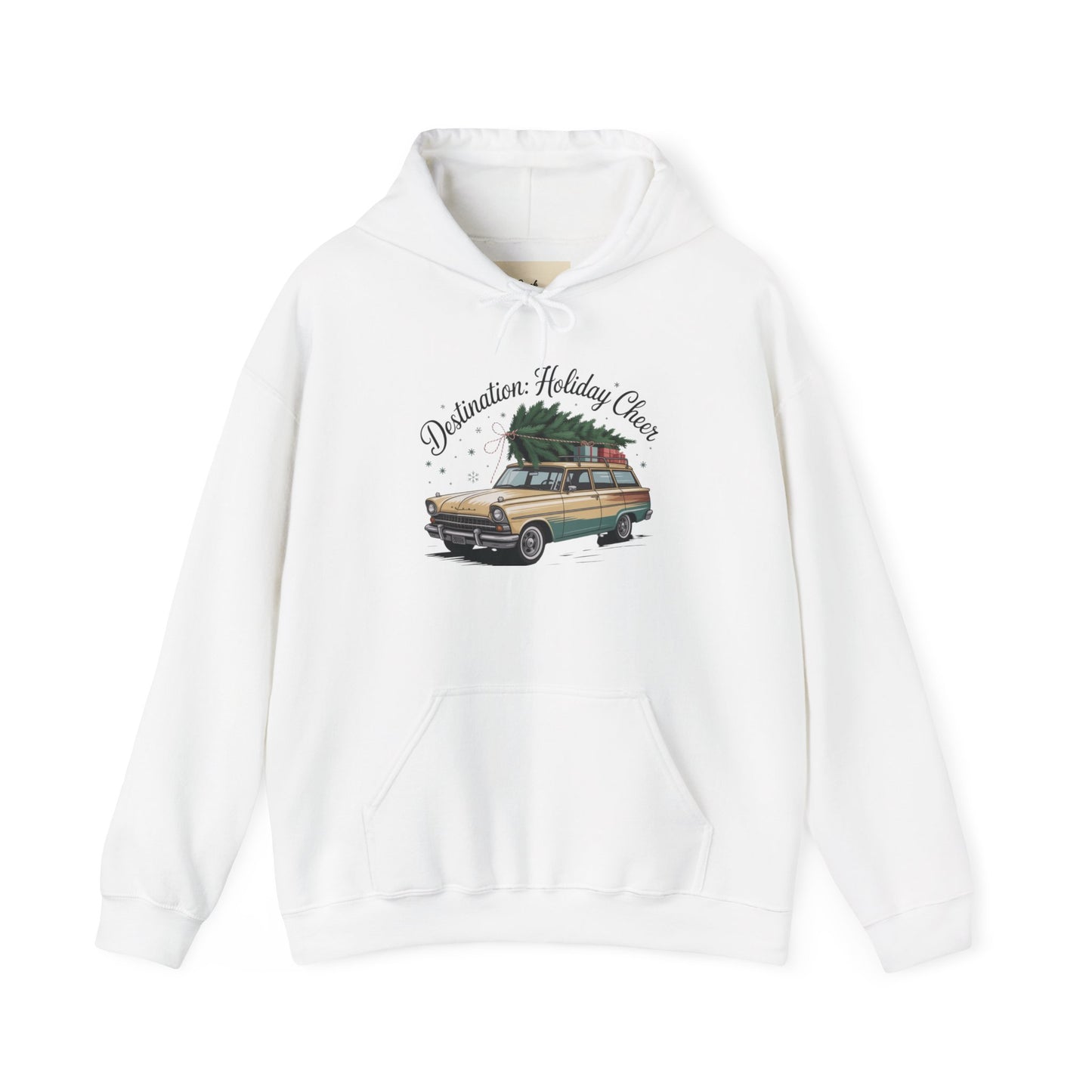 Hooded Sweatshirt Vintage Car Christmas Tree Destination Holiday Cheer
