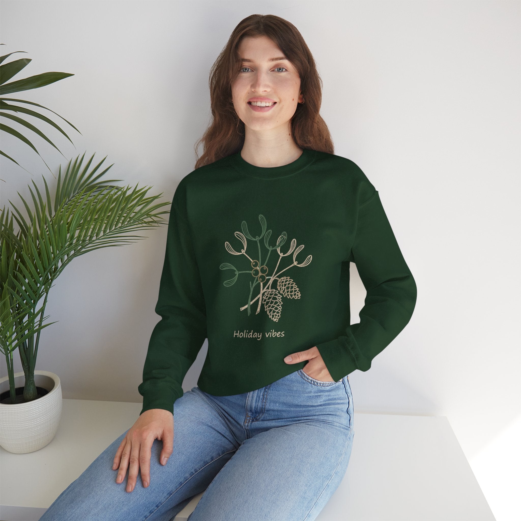 Holiday Vibes Crewneck Sweatshirt with Mistletoe and Pine Cones Design