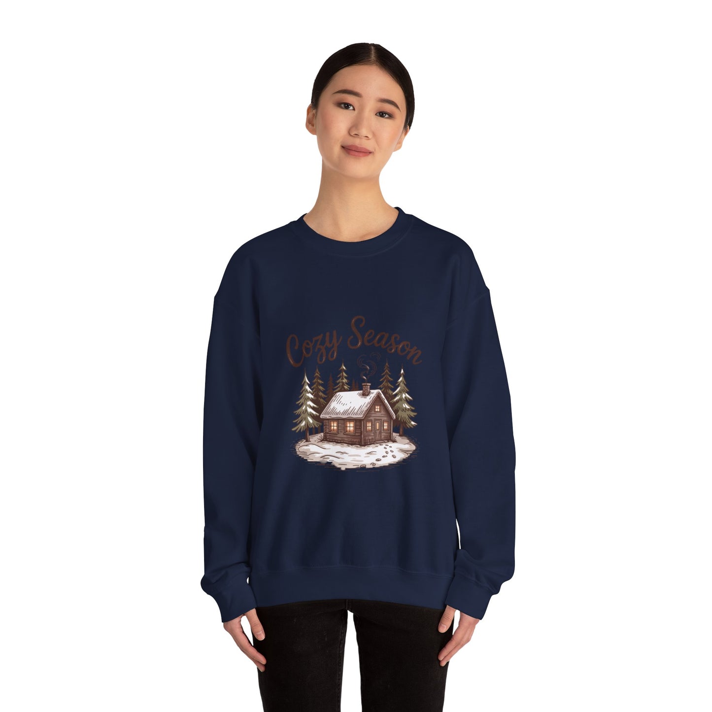 Crewneck Sweatshirt Cozy Season Cabin Snow Hand-Drawn Mocha Tones