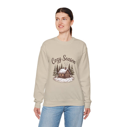 Crewneck Sweatshirt Cozy Season Cabin Snow Hand-Drawn Mocha Tones