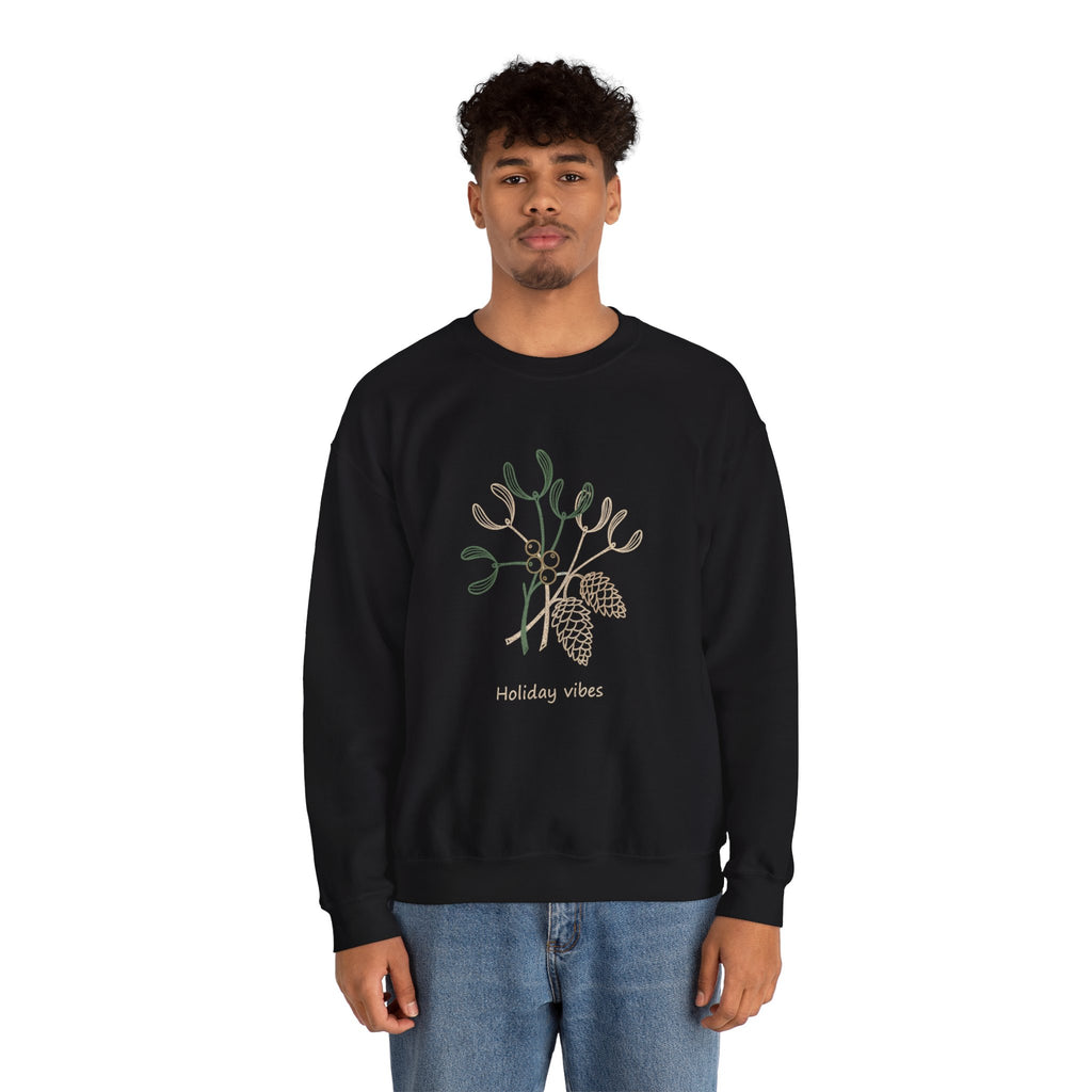 Holiday Vibes Crewneck Sweatshirt with Mistletoe and Pine Cones Design