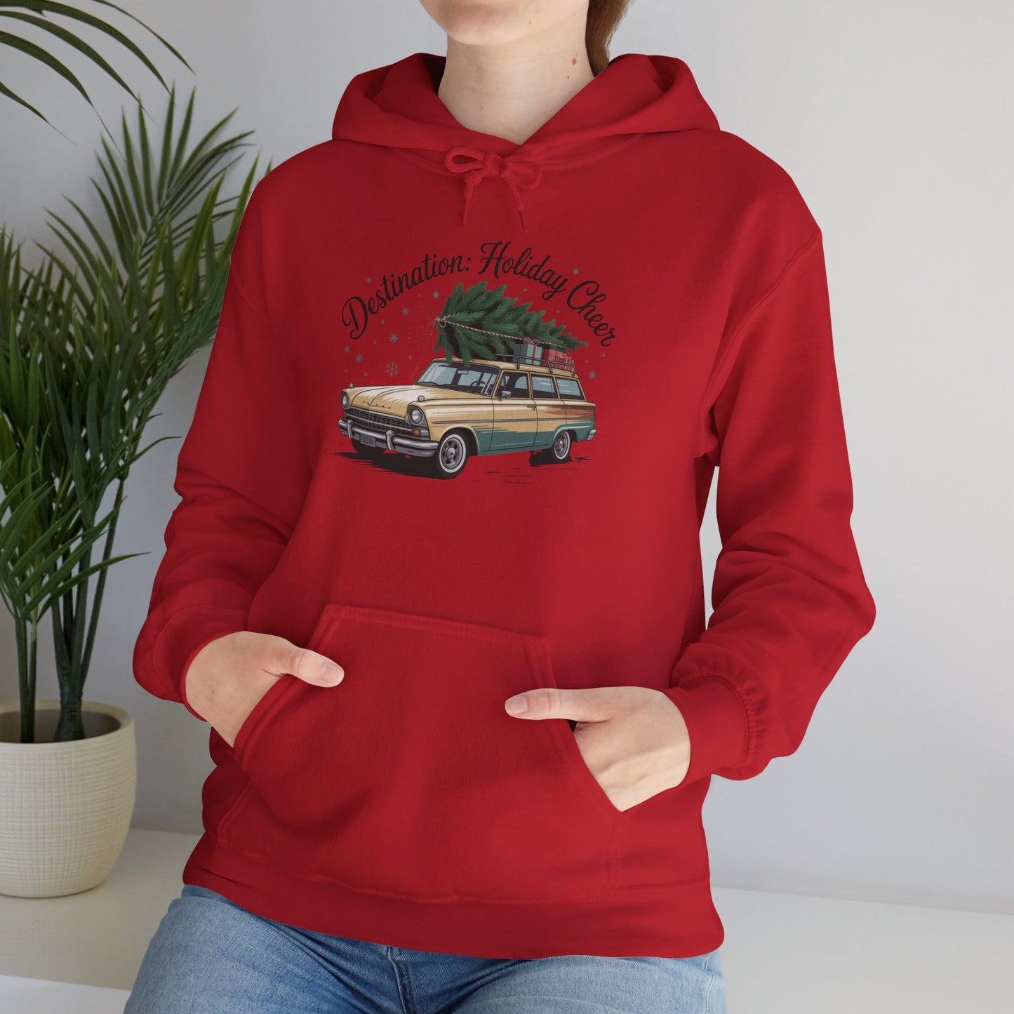 Hooded Sweatshirt Vintage Car Christmas Tree Destination Holiday Cheer