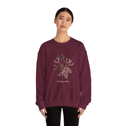 Holiday Vibes Crewneck Sweatshirt with Mistletoe and Pine Cones Design