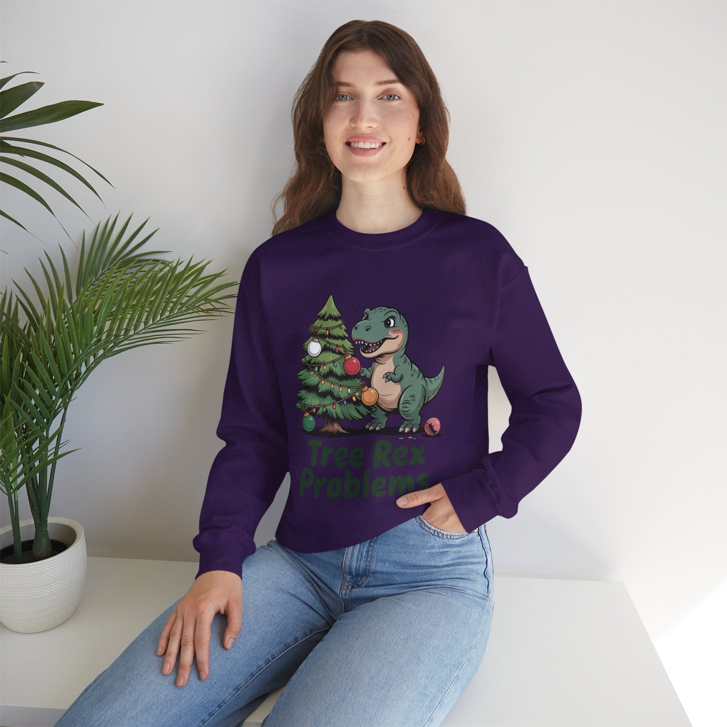 Get festive with the Christmas Crewneck Sweatshirt – Tree Rex Problems. Cozy, fun, and ideal for holiday parties or gifting this season.