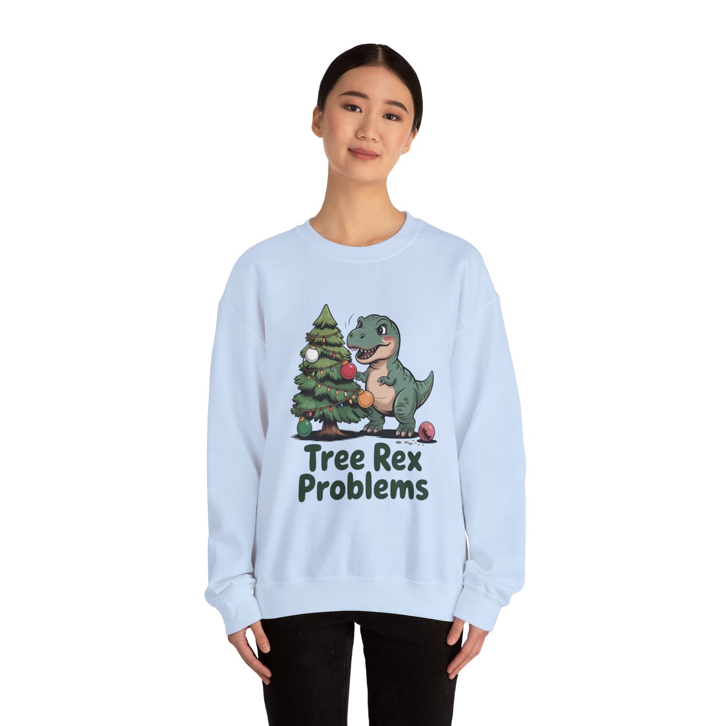 Get festive with the Christmas Crewneck Sweatshirt – Tree Rex Problems. Cozy, fun, and ideal for holiday parties or gifting this season.