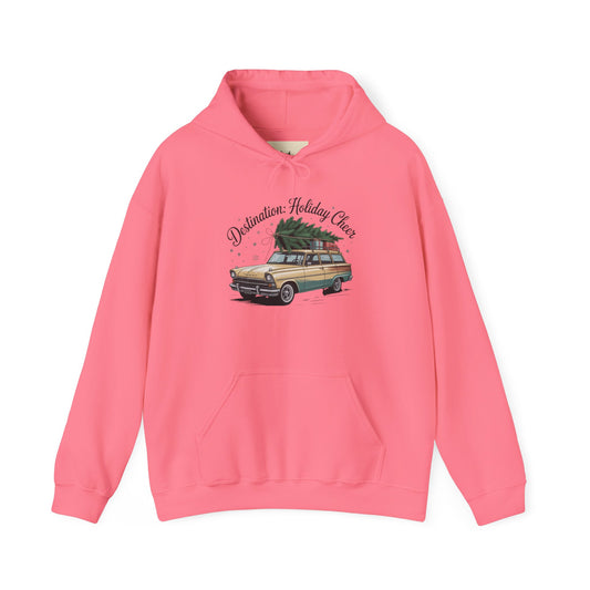 Hooded Sweatshirt Vintage Car Christmas Tree Destination Holiday Cheer
