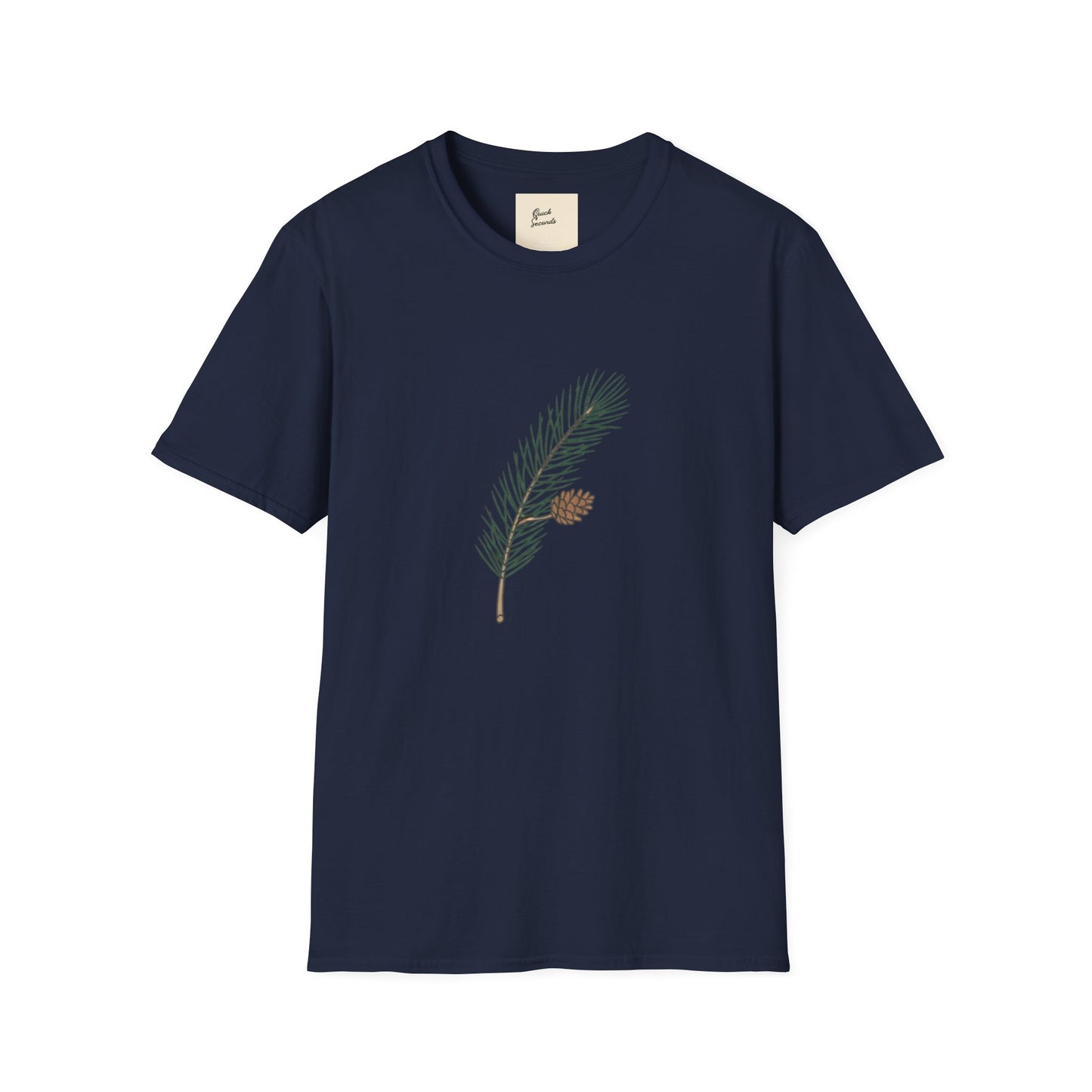 Unisex Softstyle T-Shirt Pine Cone in yellow featuring a pine branch design with a pine cone.