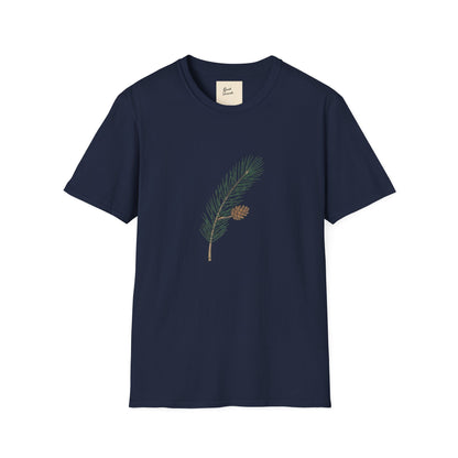 Unisex Softstyle T-Shirt Pine Cone in yellow featuring a pine branch design with a pine cone.