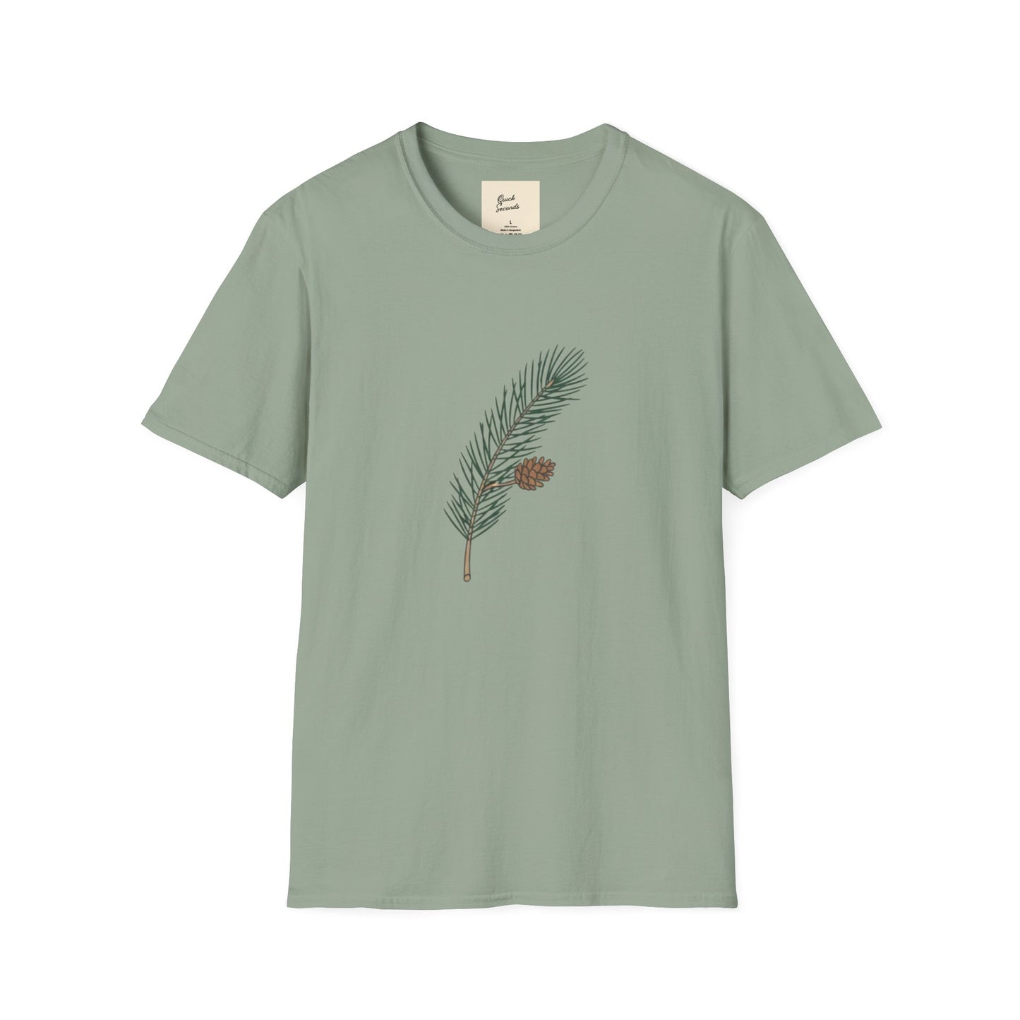 Unisex Softstyle T-Shirt Pine Cone in yellow featuring a pine branch design with a pine cone.