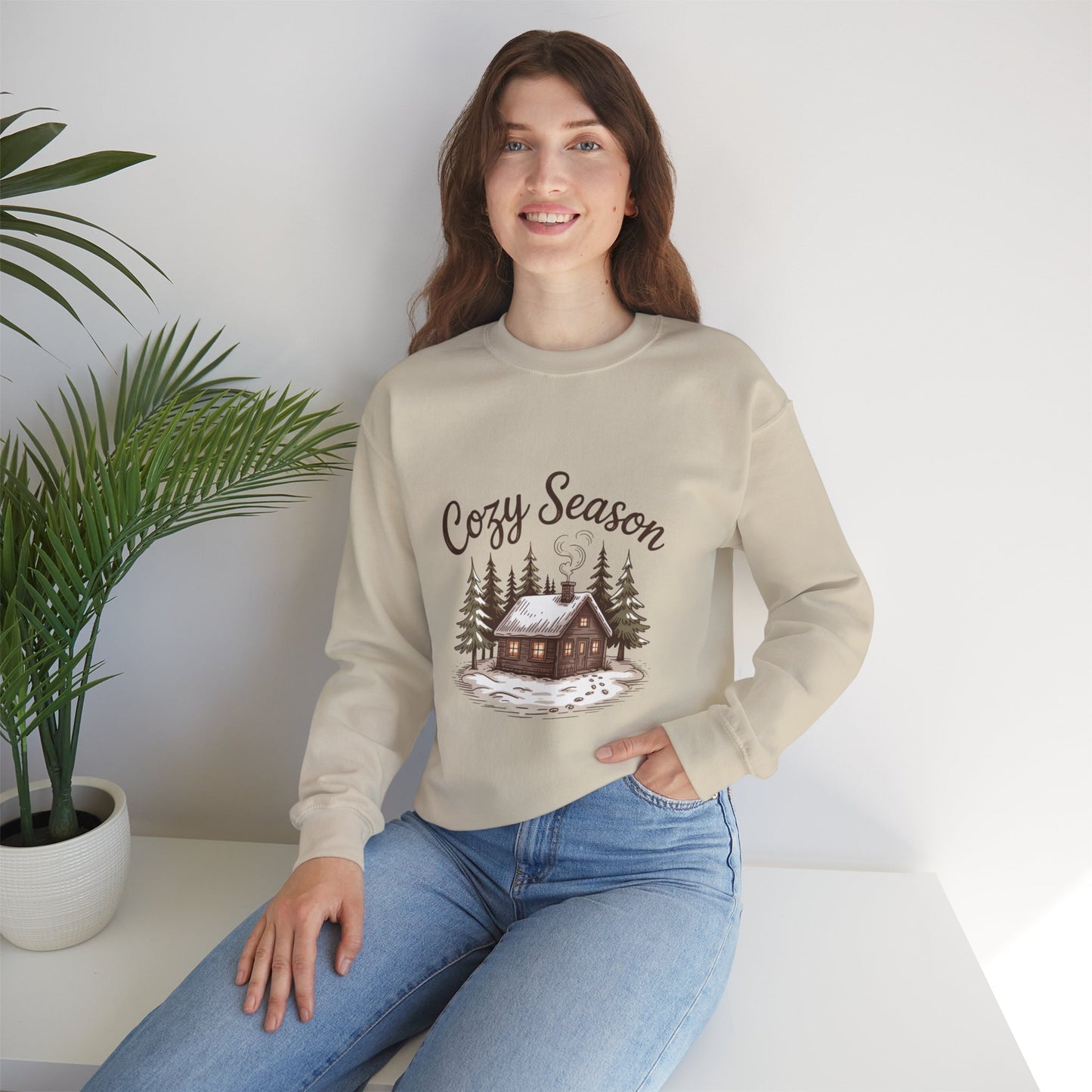 Crewneck Sweatshirt Cozy Season Cabin Snow Hand-Drawn Mocha Tones