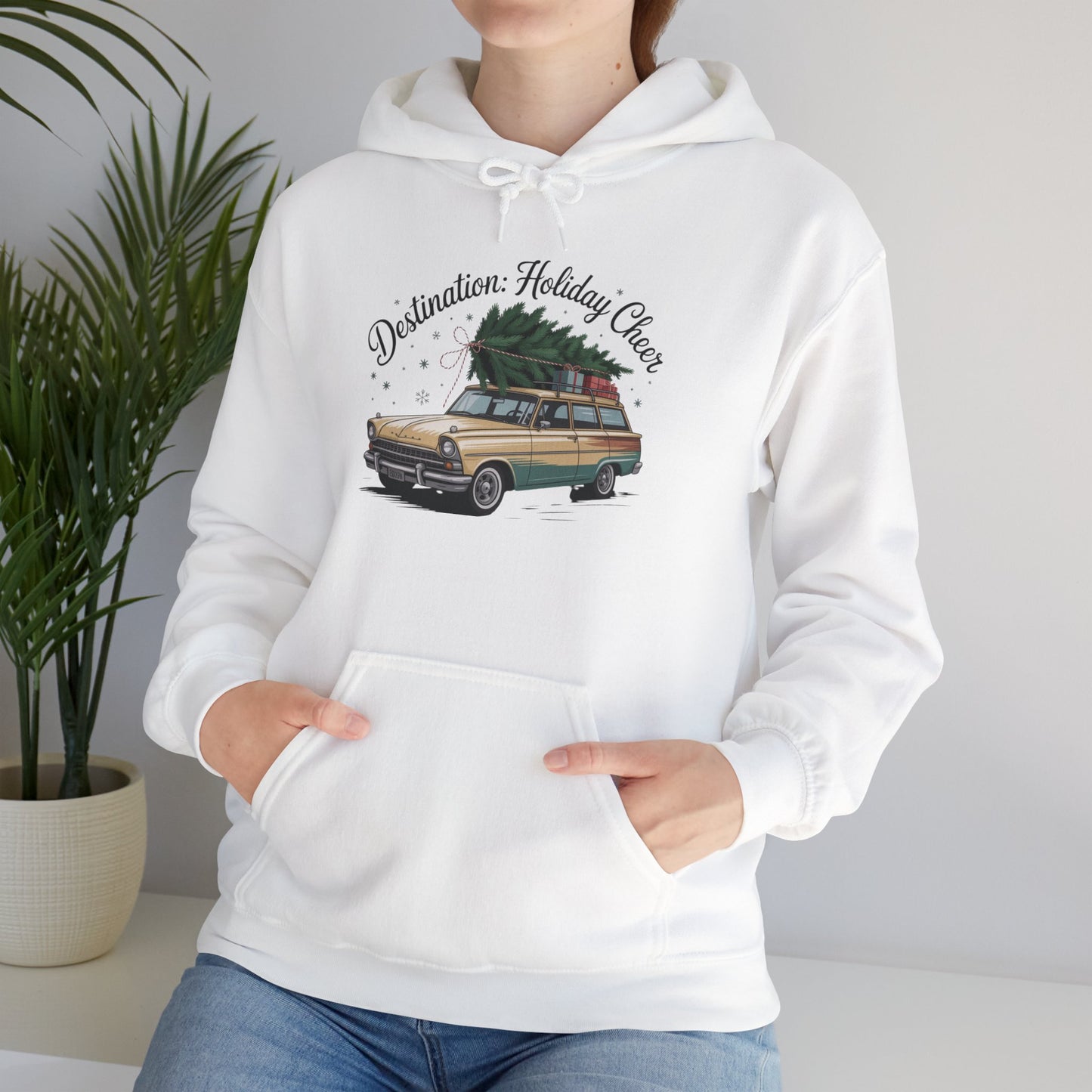 Hooded Sweatshirt Vintage Car Christmas Tree Destination Holiday Cheer