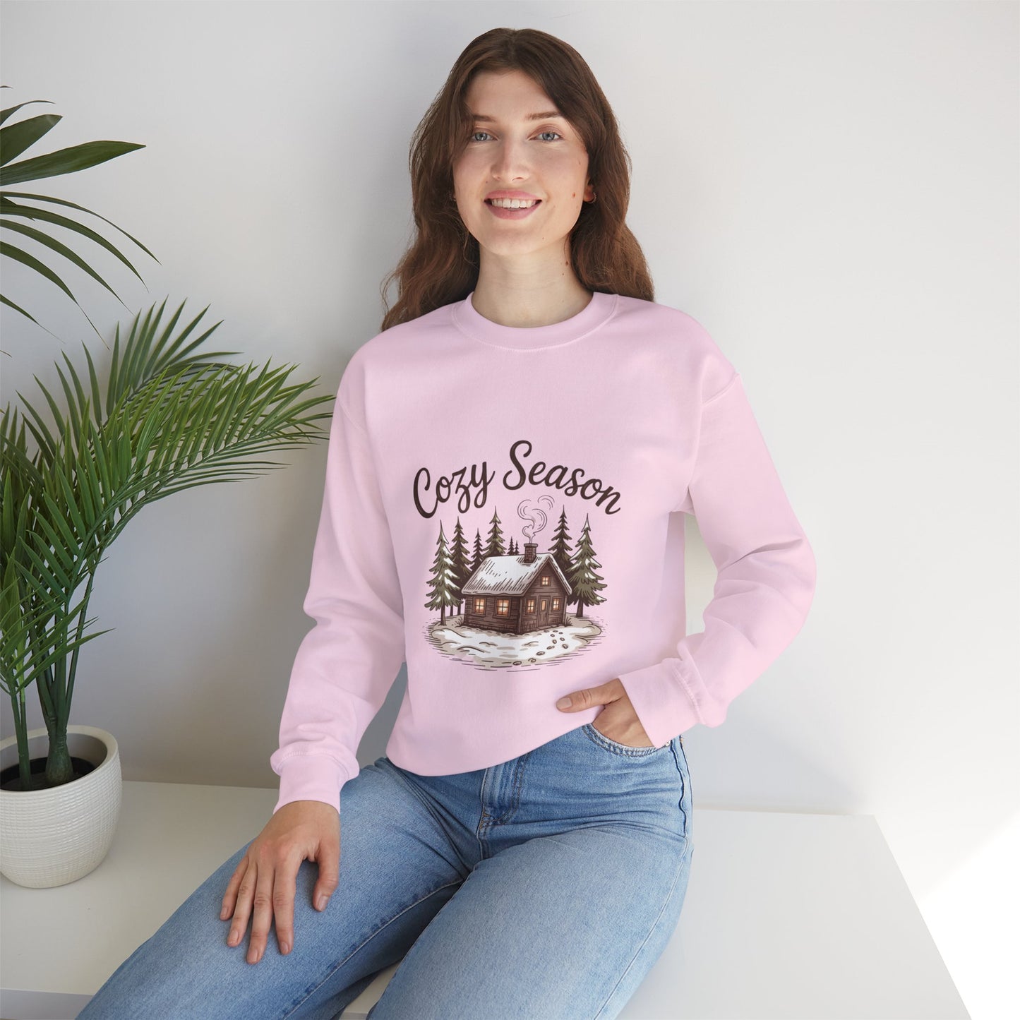 Crewneck Sweatshirt Cozy Season Cabin Snow Hand-Drawn Mocha Tones