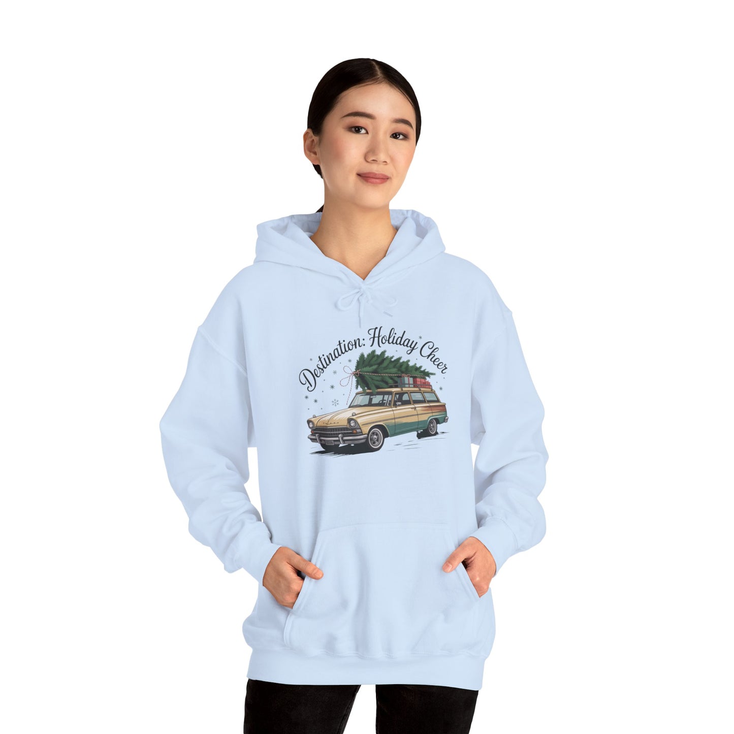Hooded Sweatshirt Vintage Car Christmas Tree Destination Holiday Cheer
