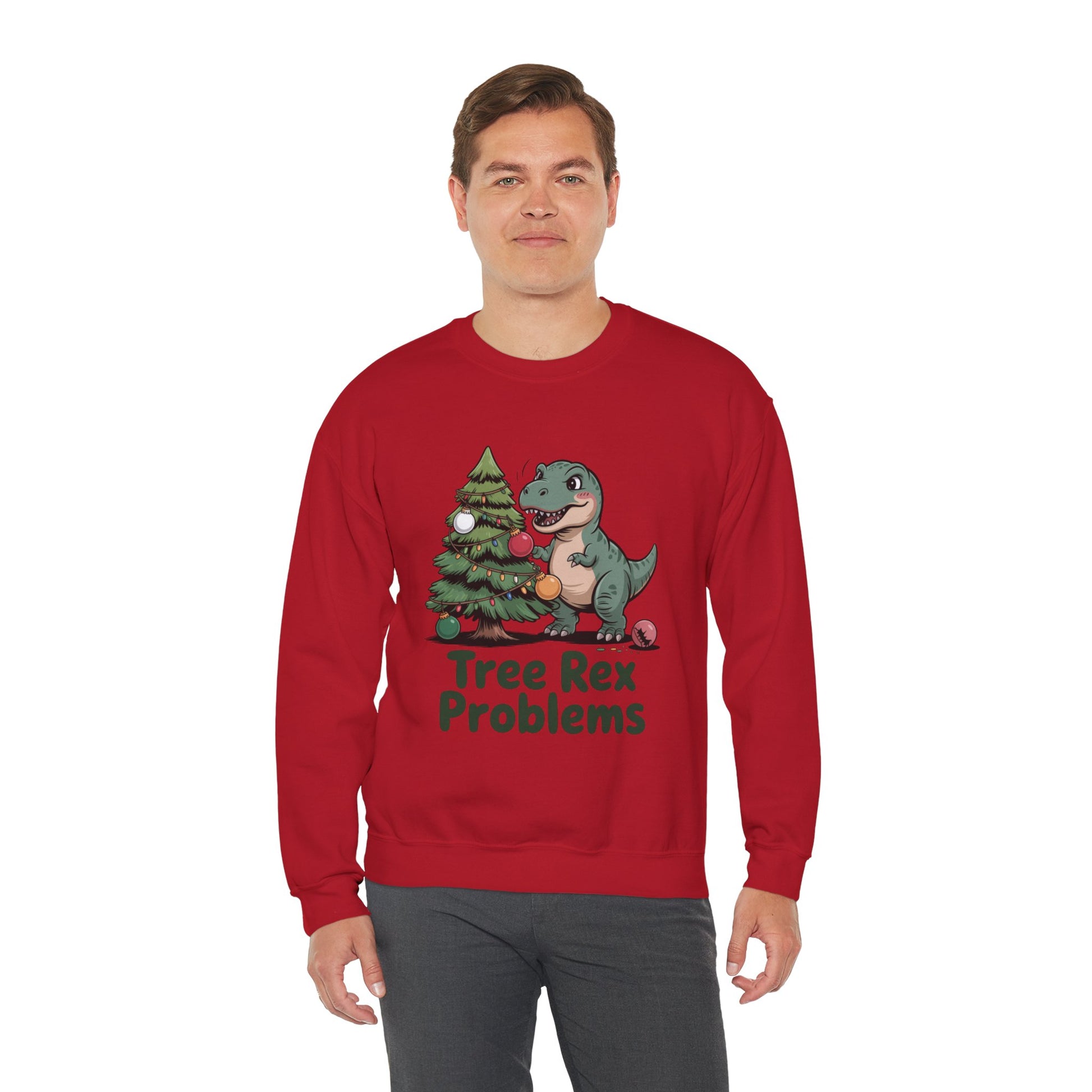 Get festive with the Christmas Crewneck Sweatshirt – Tree Rex Problems. Cozy, fun, and ideal for holiday parties or gifting this season.