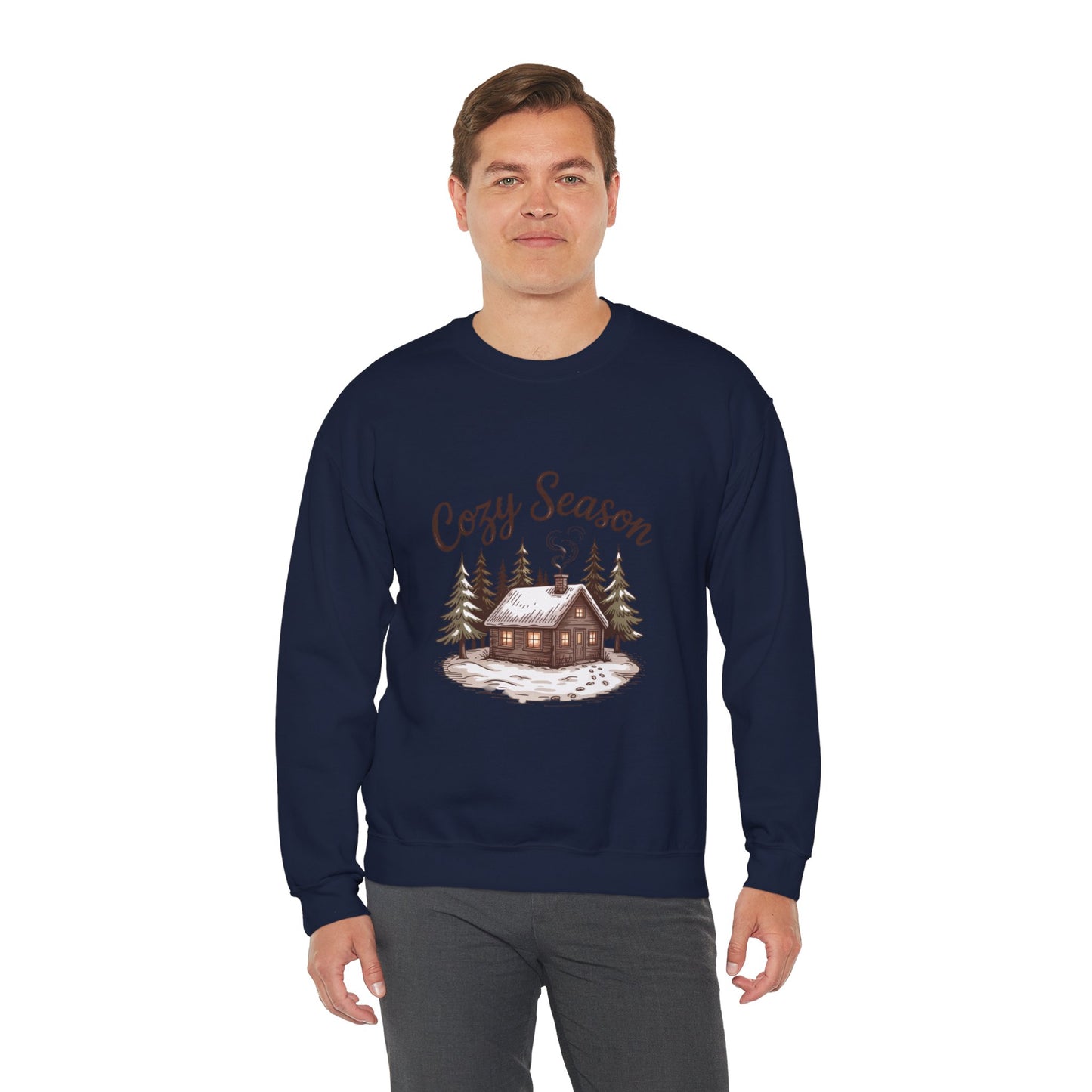 Crewneck Sweatshirt Cozy Season Cabin Snow Hand-Drawn Mocha Tones