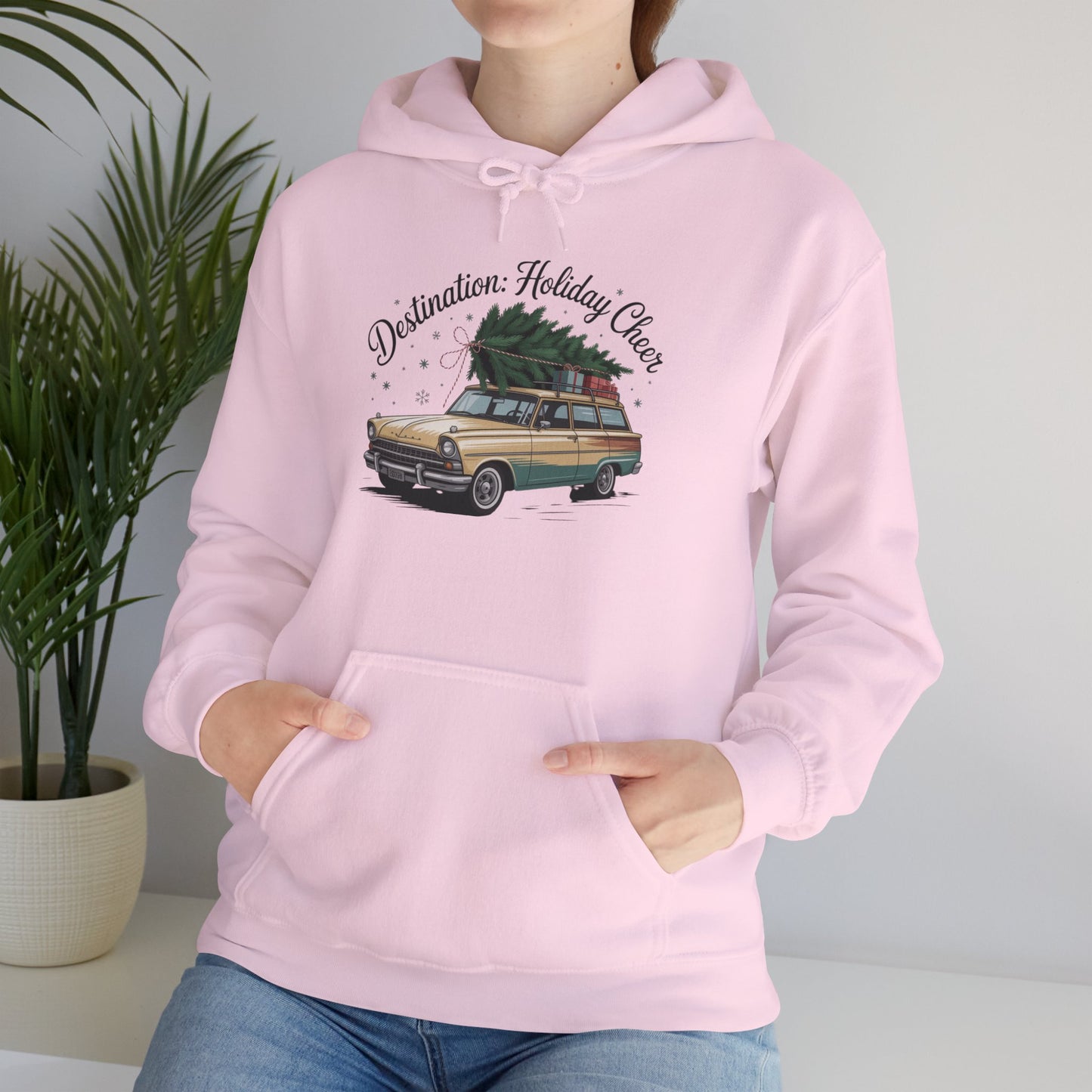 Hooded Sweatshirt Vintage Car Christmas Tree Destination Holiday Cheer