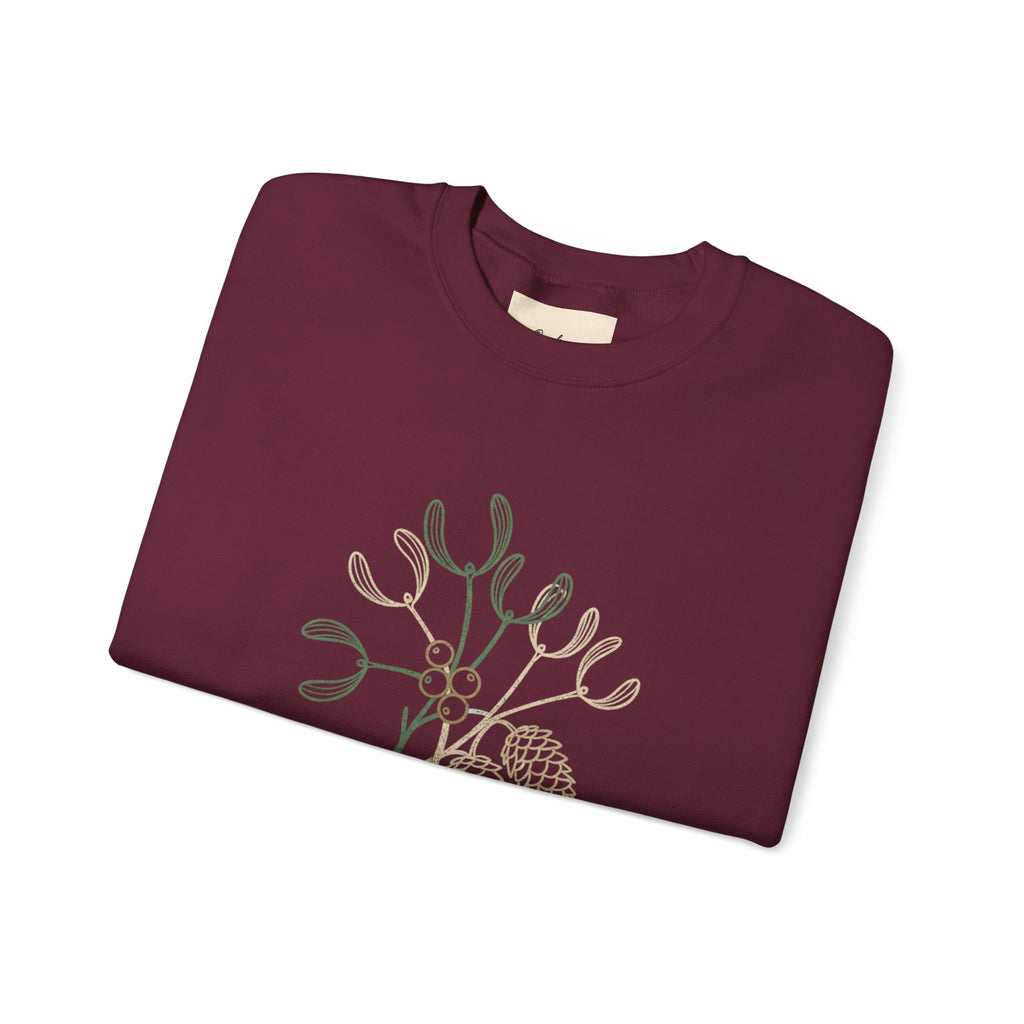 Holiday Vibes Crewneck Sweatshirt with Mistletoe and Pine Cones Design