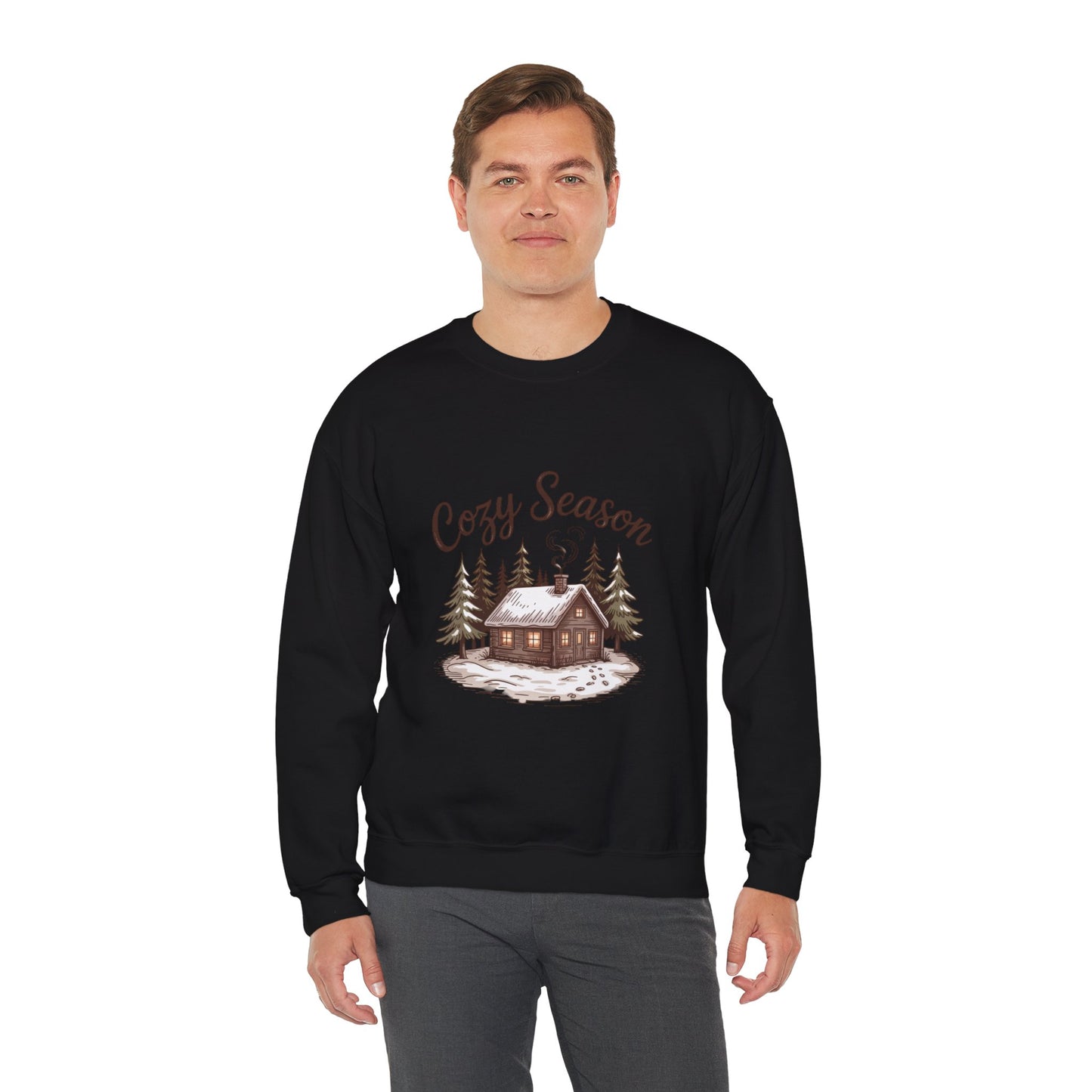 Crewneck Sweatshirt Cozy Season Cabin Snow Hand-Drawn Mocha Tones