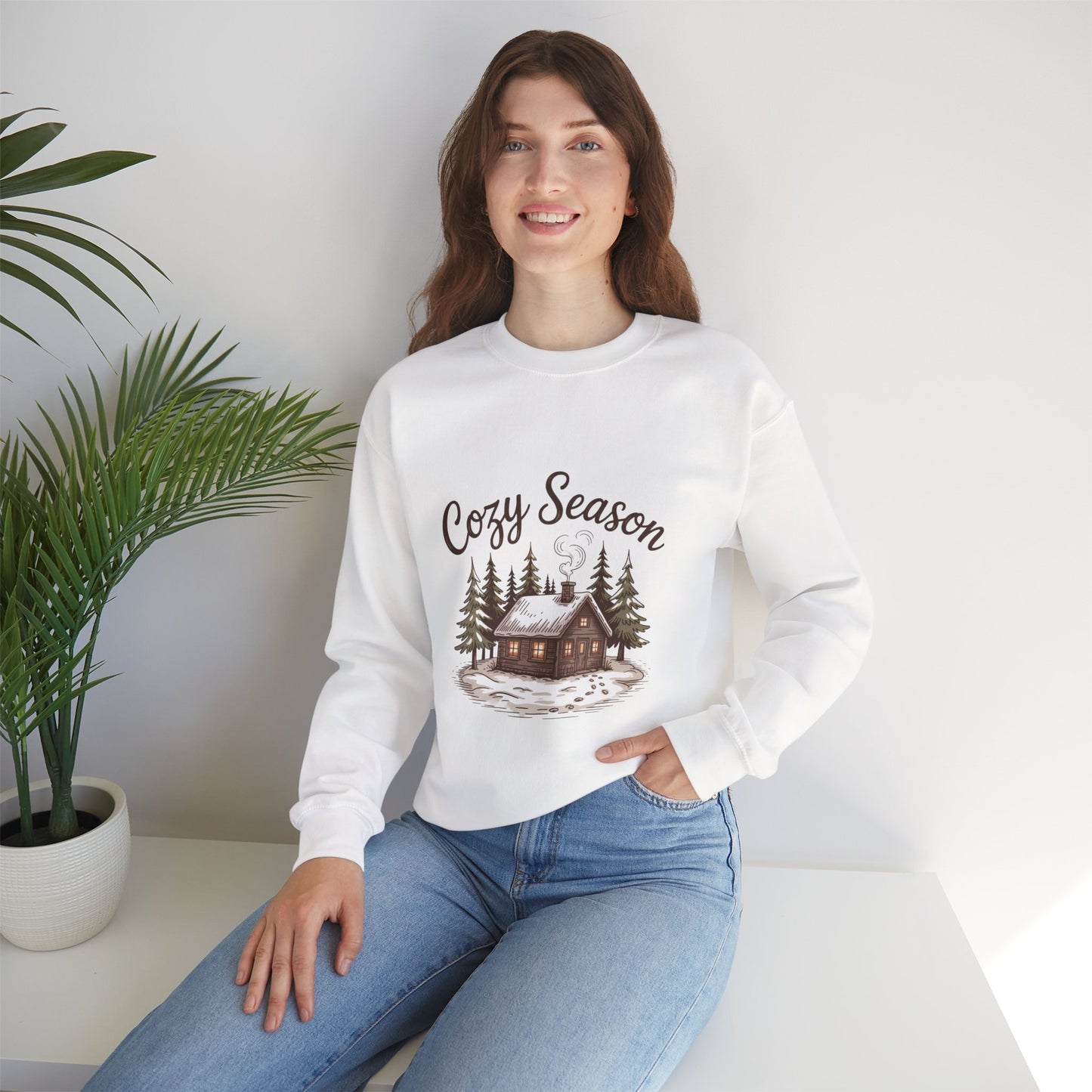 Crewneck Sweatshirt Cozy Season Cabin Snow Hand-Drawn Mocha Tones