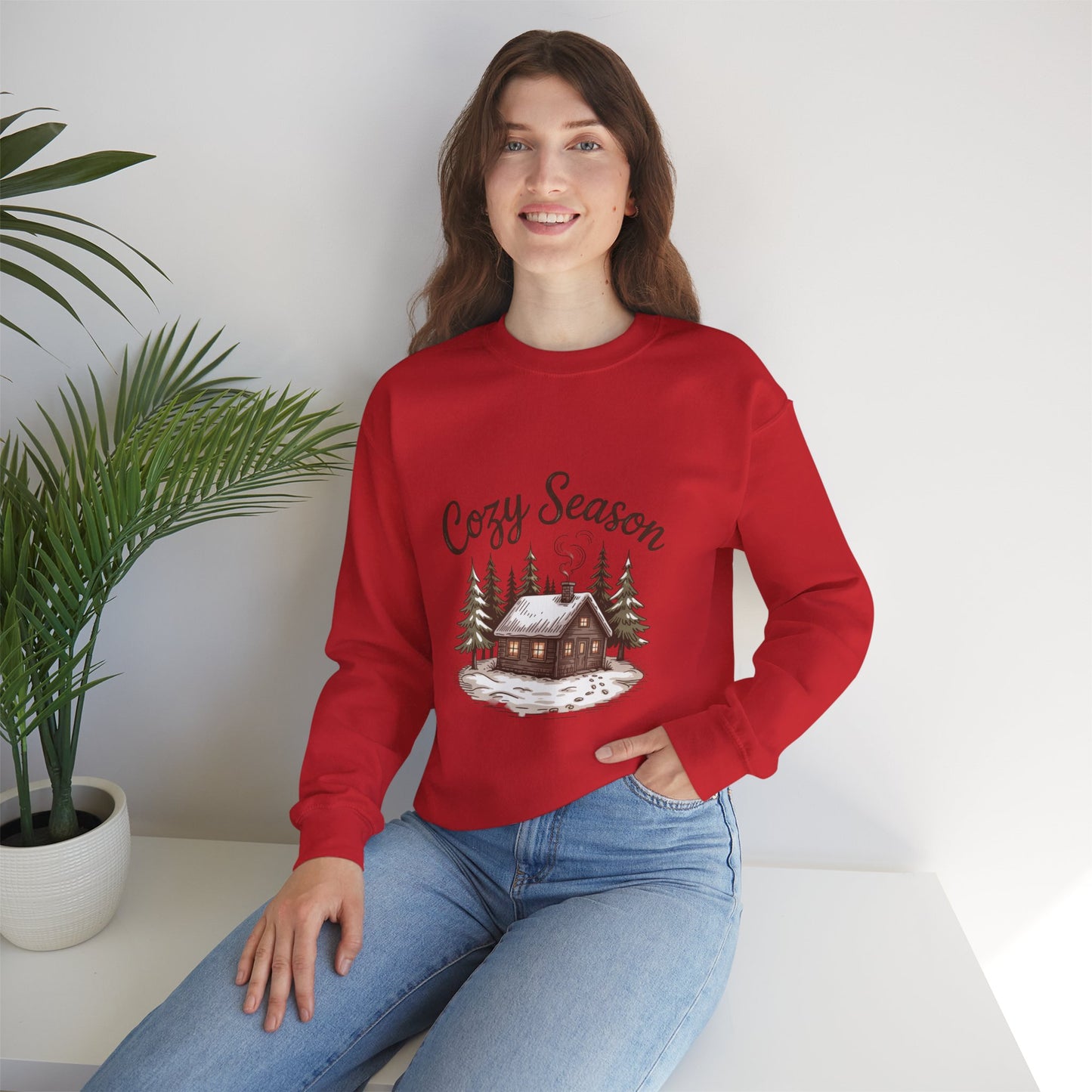 Crewneck Sweatshirt Cozy Season Cabin Snow Hand-Drawn Mocha Tones