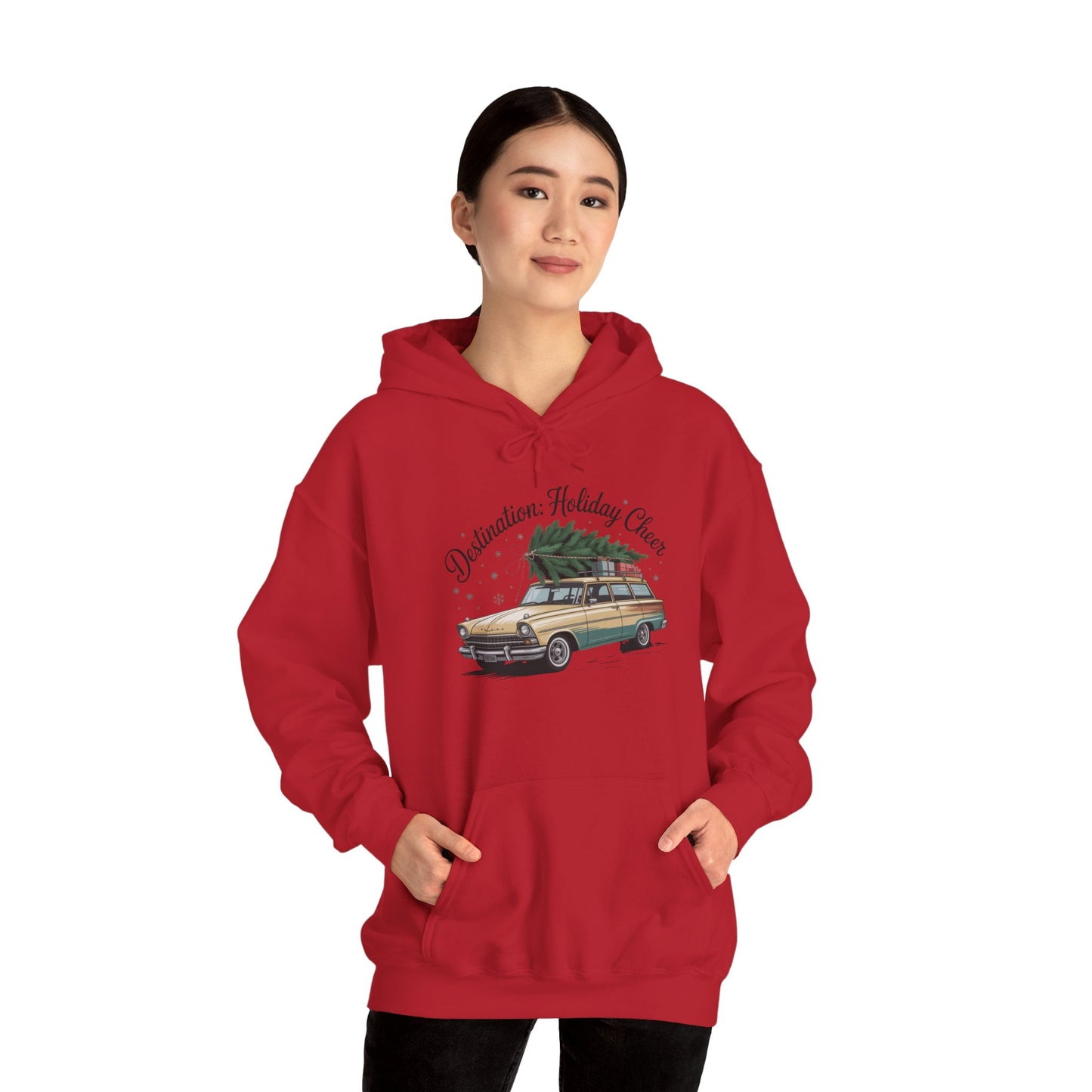 Hooded Sweatshirt Vintage Car Christmas Tree Destination Holiday Cheer